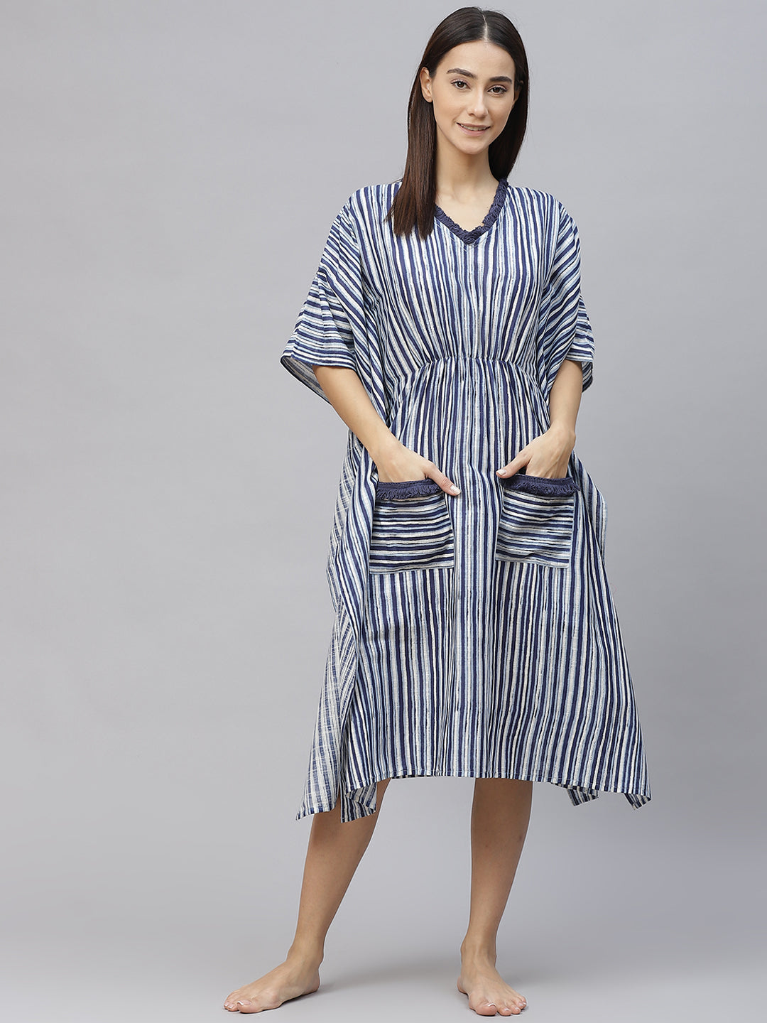 Women Blue Pure Cotton Striped Nightdress