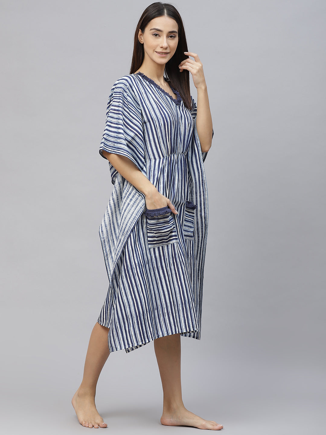 Women Blue Pure Cotton Striped Nightdress
