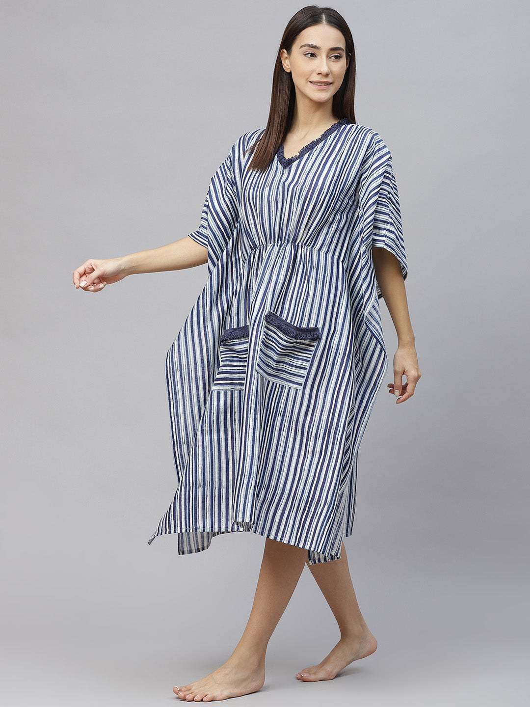 Women Blue Pure Cotton Striped Nightdress