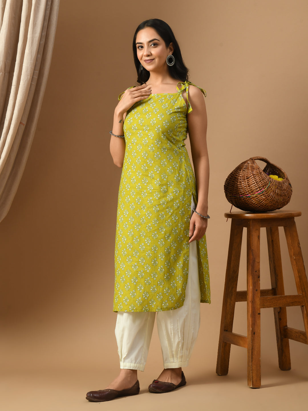 Pure Cotton Mehndi green white booti straps kurta set
