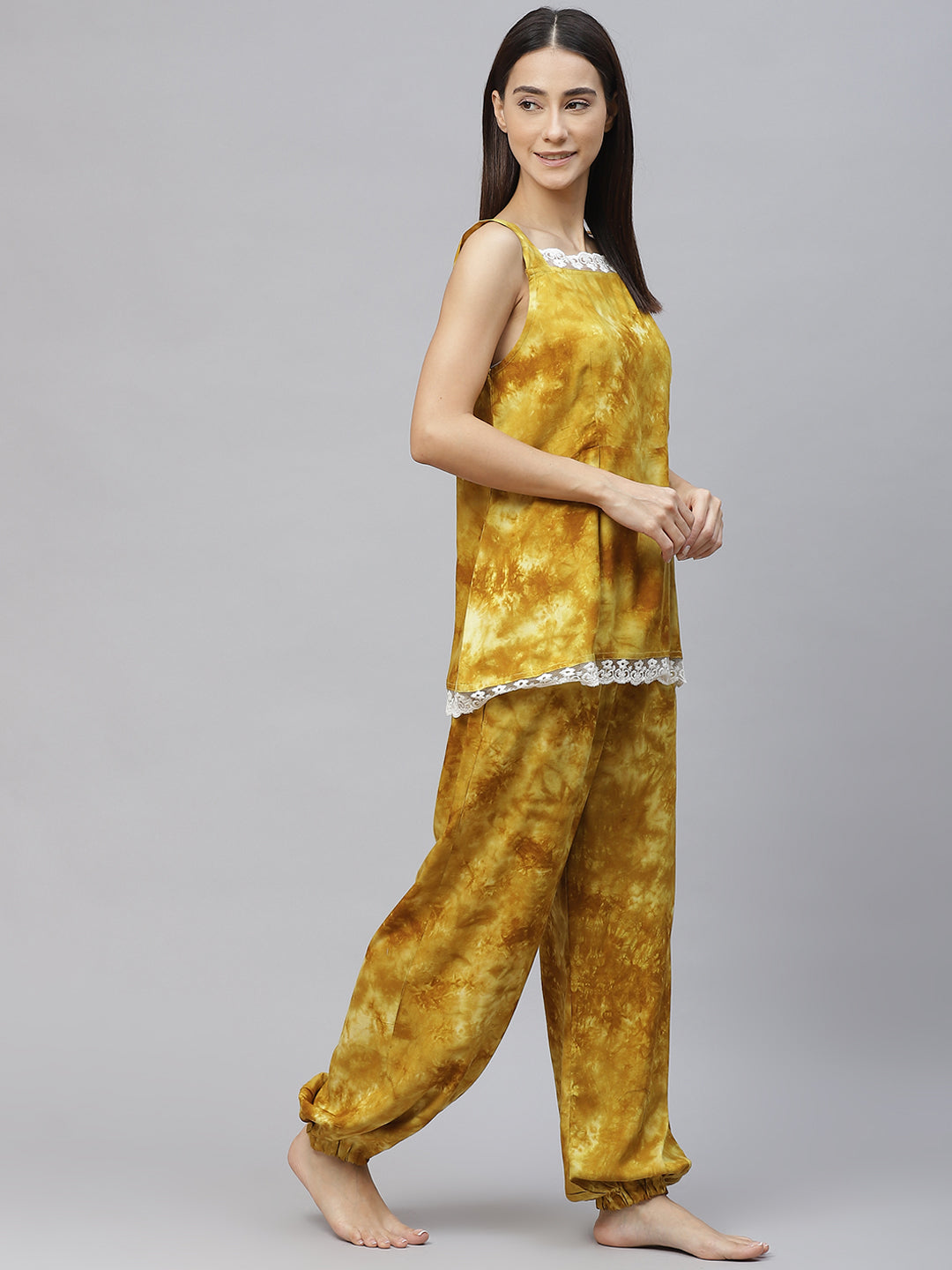 Mustard Yellow Dyed Lace Inserts Pyjama Set