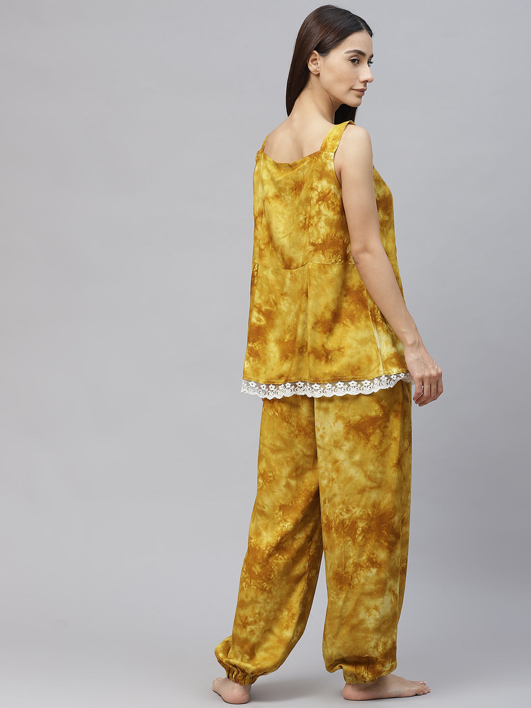 Mustard Yellow Dyed Lace Inserts Pyjama Set