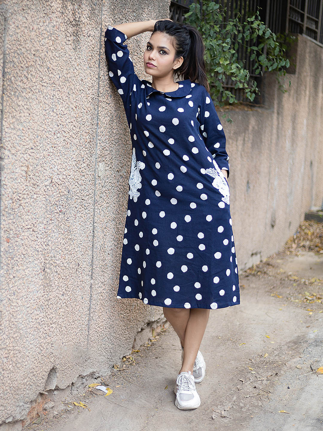 Navy blue dotted linen shift Dress