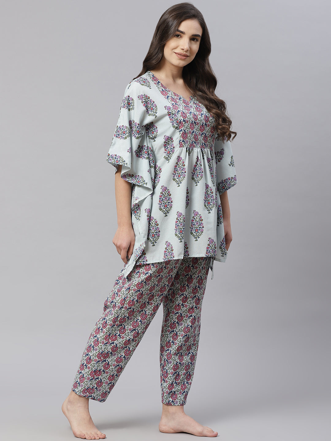 Blue & Purple Floral Print Pyjama Set