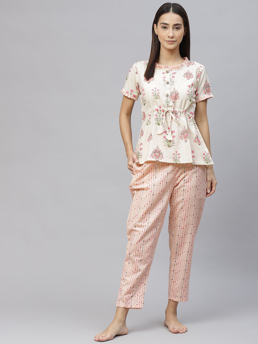 Women Beige & Pink Floral Print Cotton Pyjama Set
