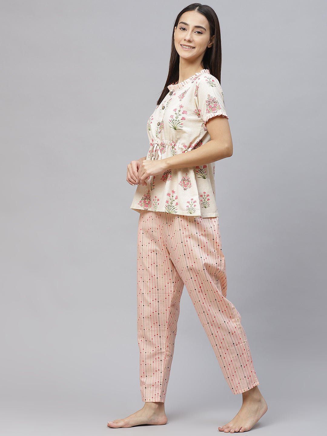 Women Beige & Pink Floral Print Cotton Pyjama Set
