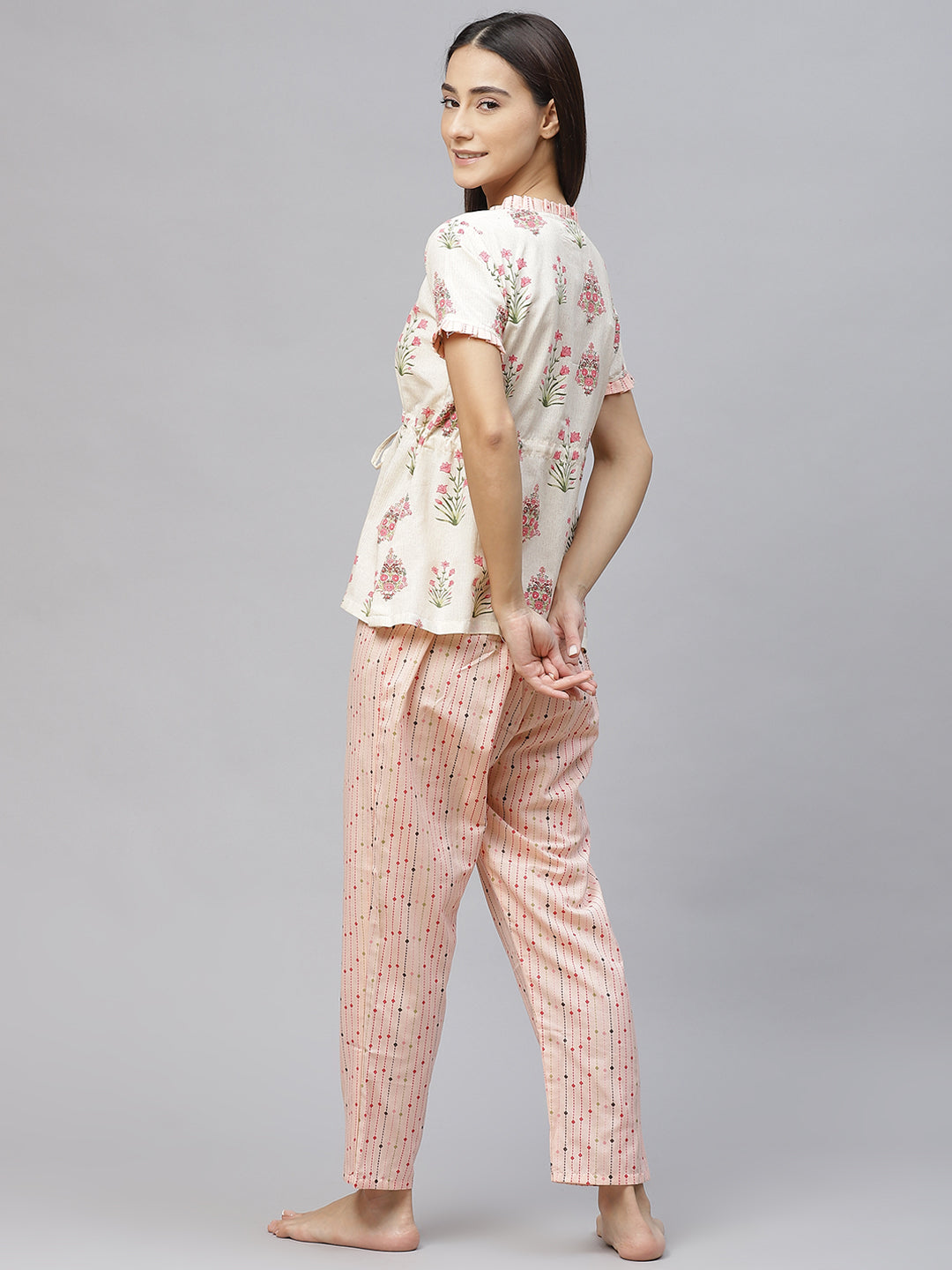 Women Beige & Pink Floral Print Cotton Pyjama Set