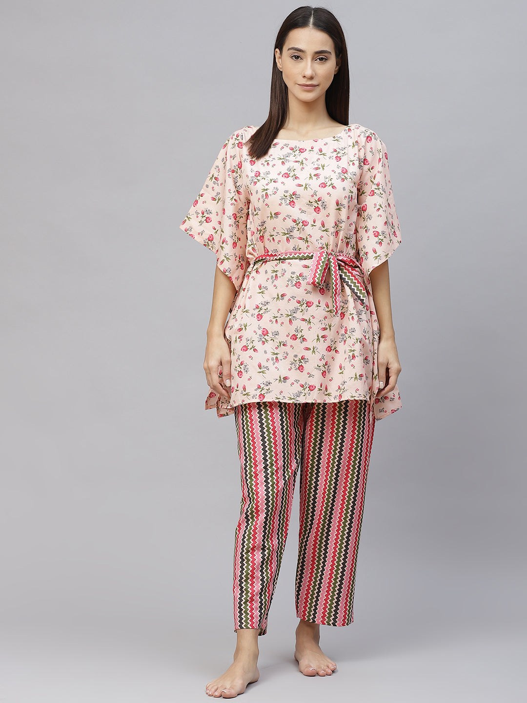 Women Peach-Coloured & Green Floral Cotton Kaftan Pyjama Set Belt
