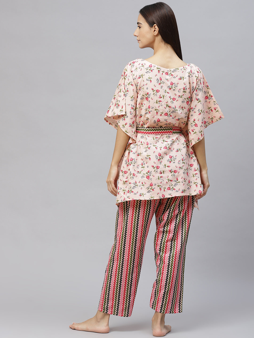 Women Peach-Coloured & Green Floral Cotton Kaftan Pyjama Set Belt