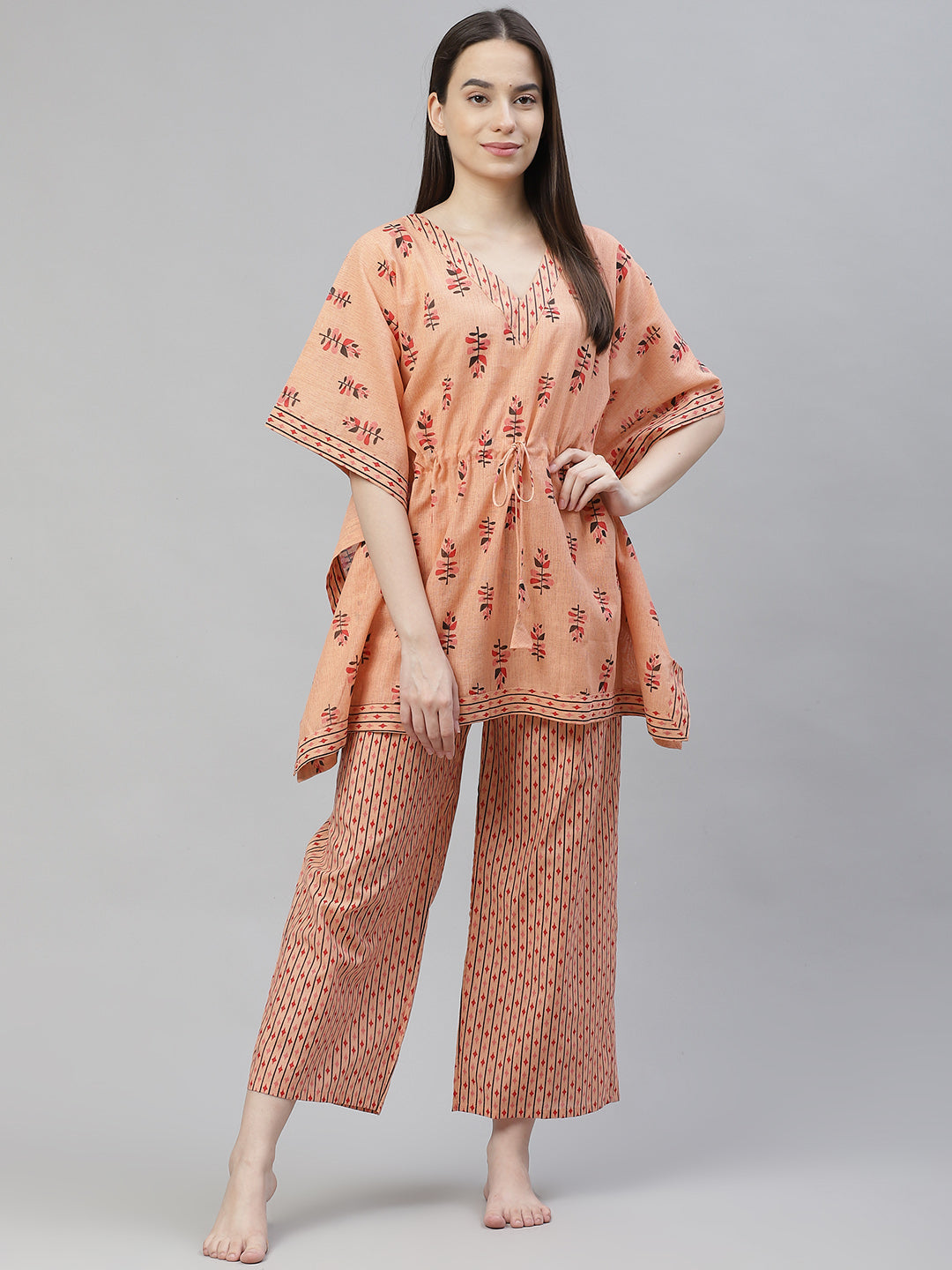 Peach-Coloured Printed Cotton Kaftan Night suit