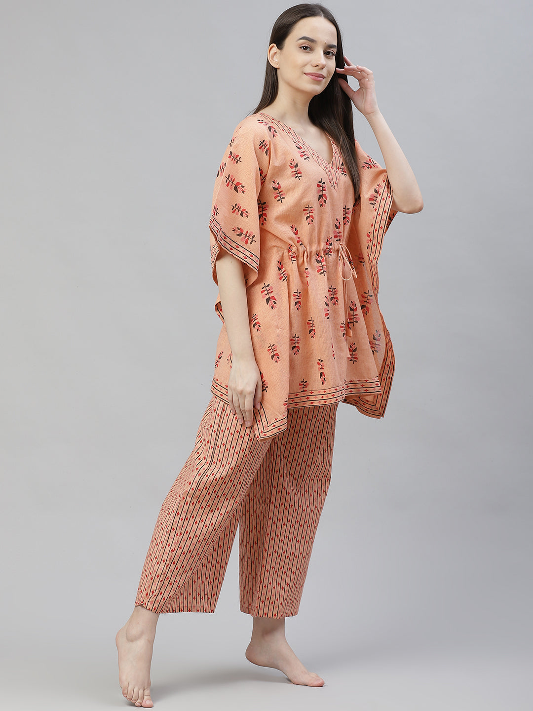 Peach-Coloured Printed Cotton Kaftan Night suit