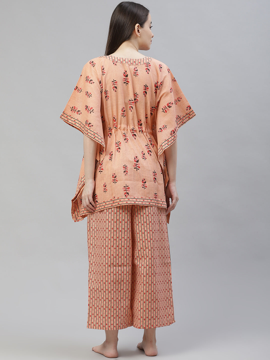 Peach-Coloured Printed Cotton Kaftan Night suit