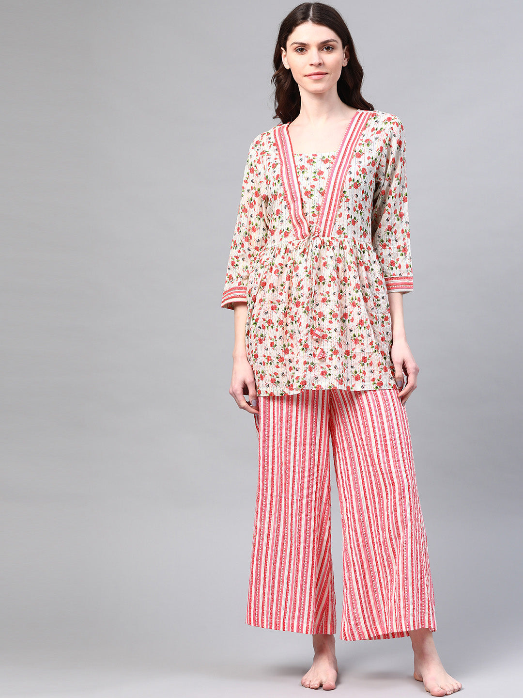 Off-White & Pink Floral Print Pure Cotton Night suit