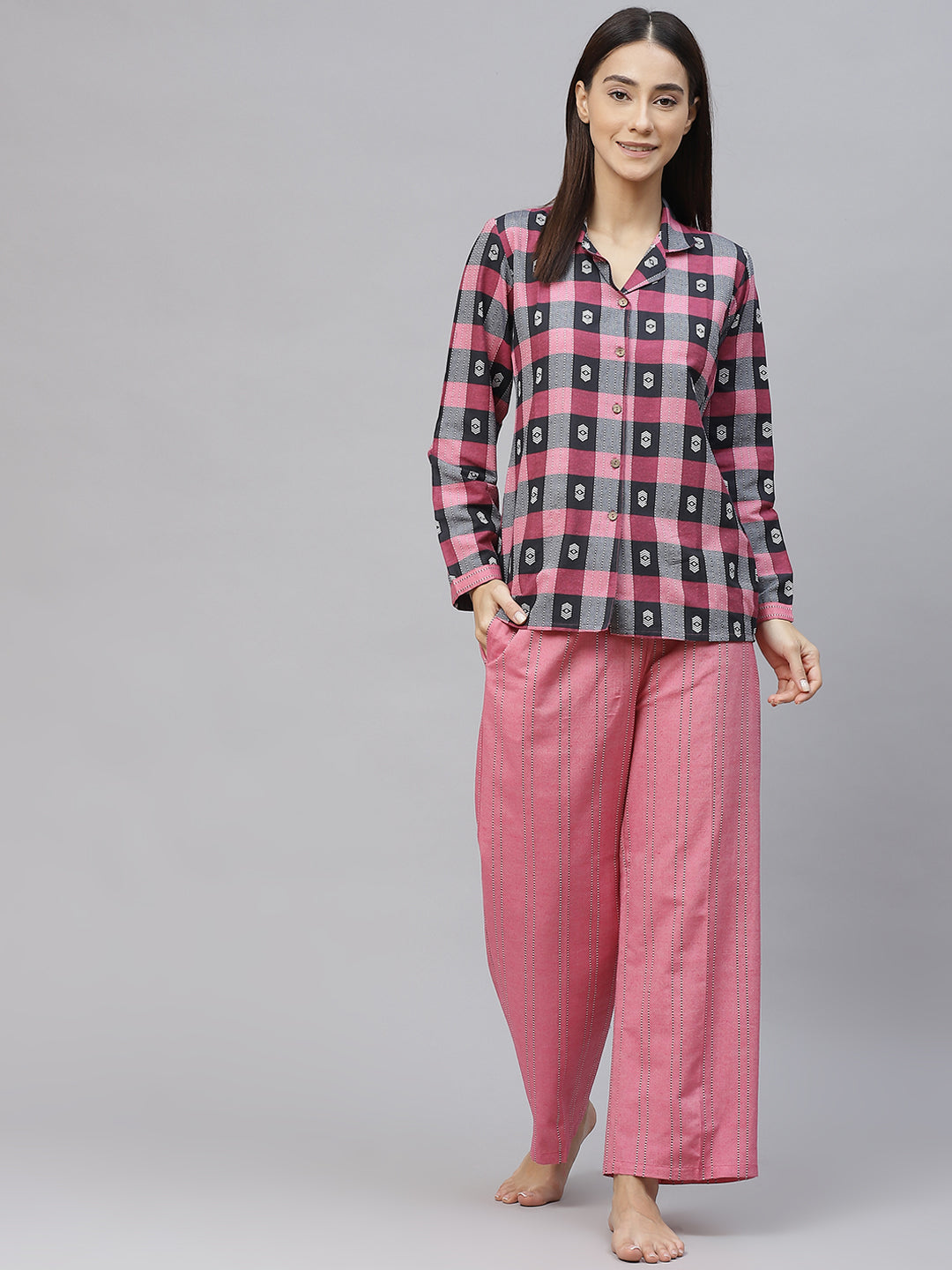 Pink Shirt Coller Cotton Night Suits
