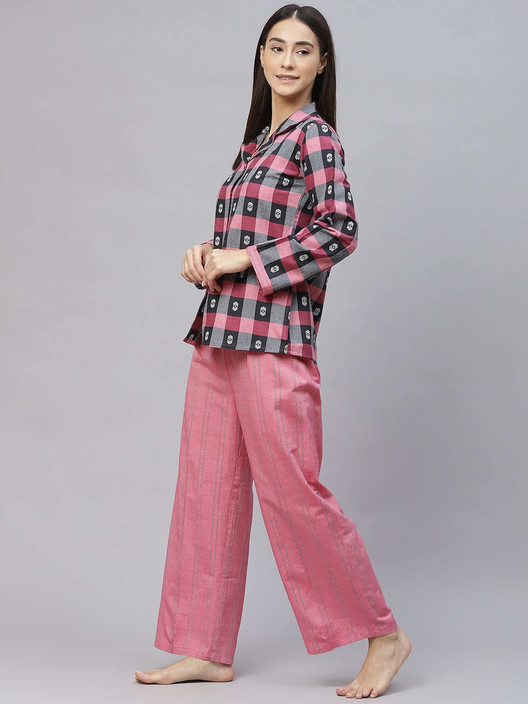 Pink and Black Pure Cotton Checked Night suit