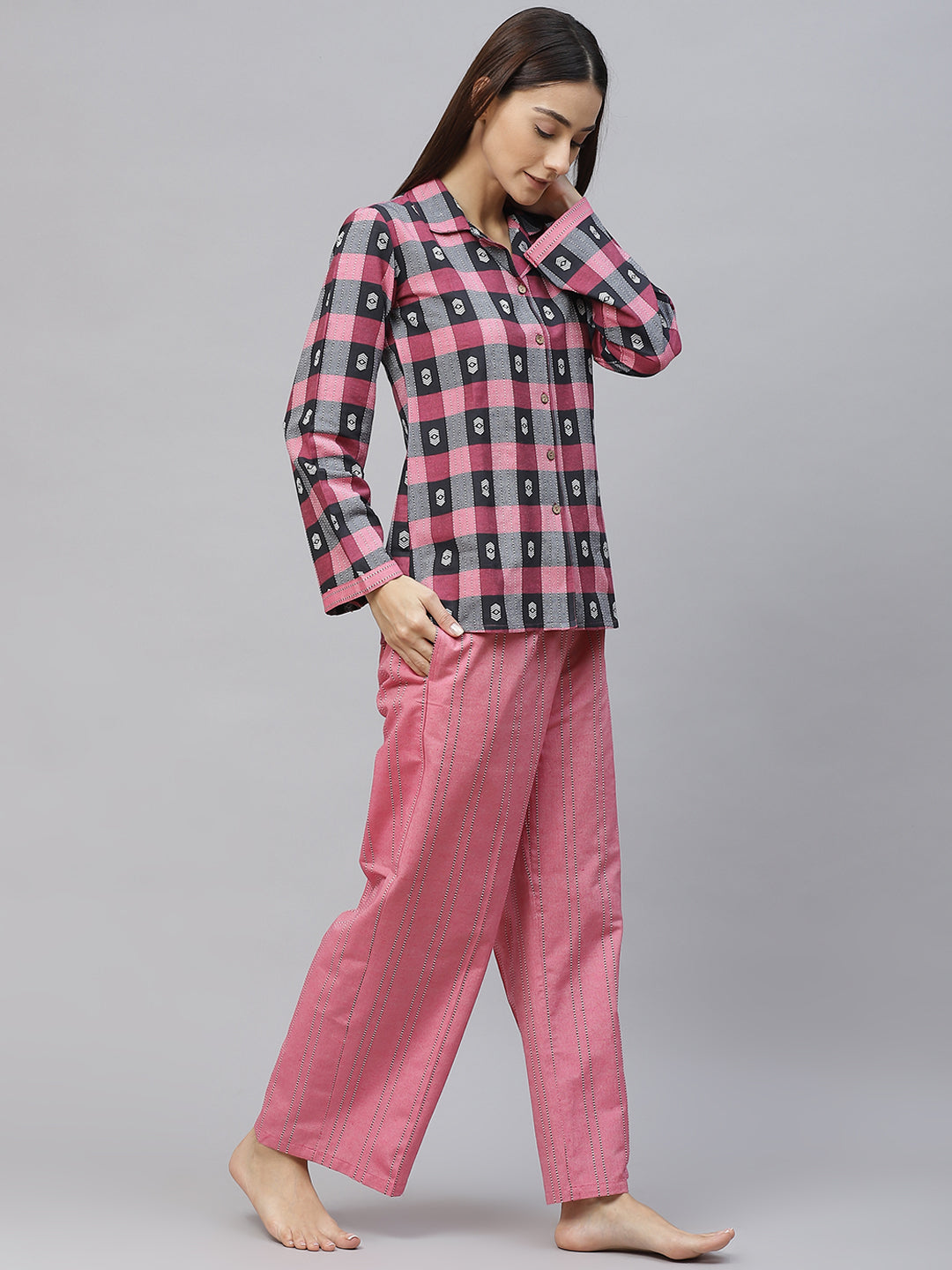 Pink and Black Pure Cotton Checked Night suit