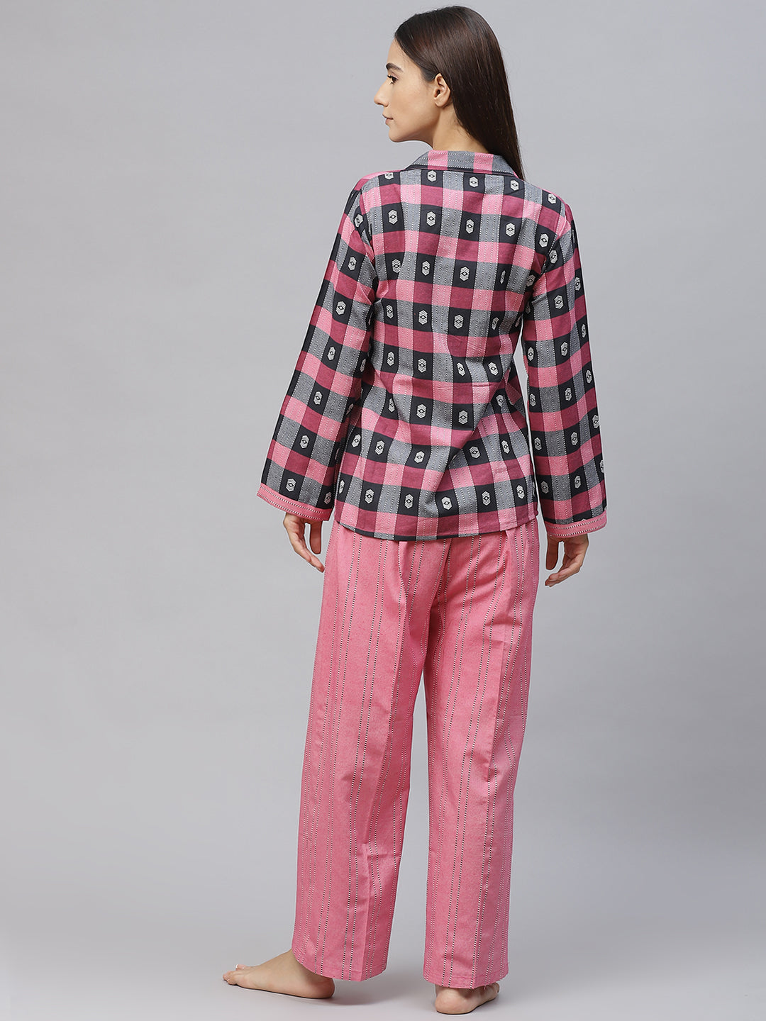 Pink and Black Pure Cotton Checked Night suit