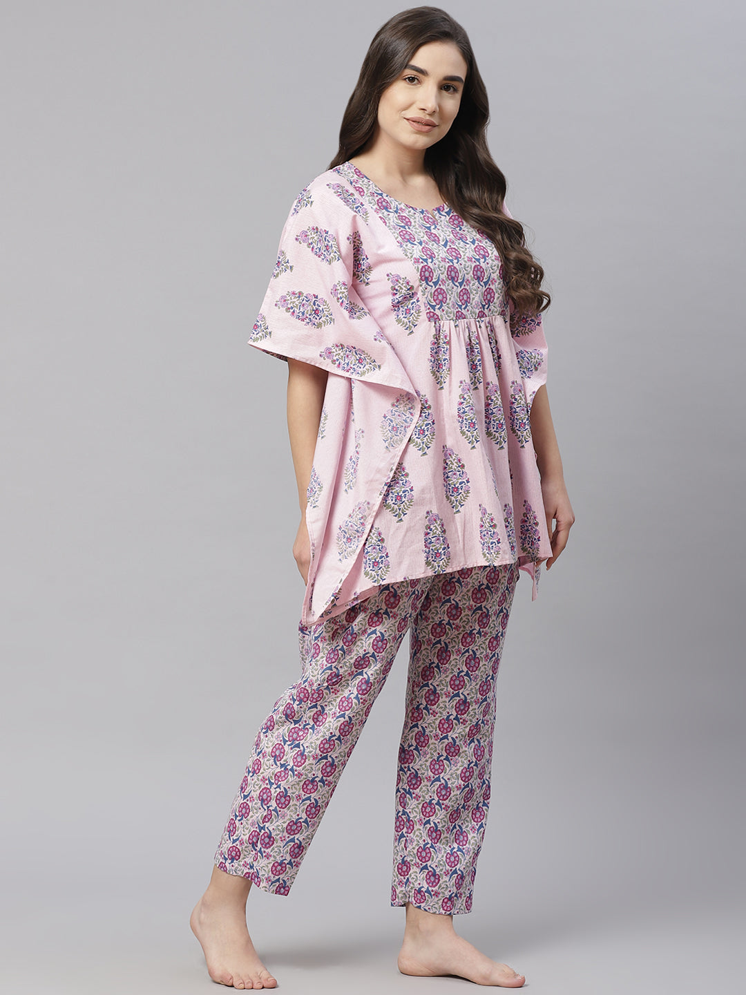 Women Pink & Blue Floral Printed Pyjama Set