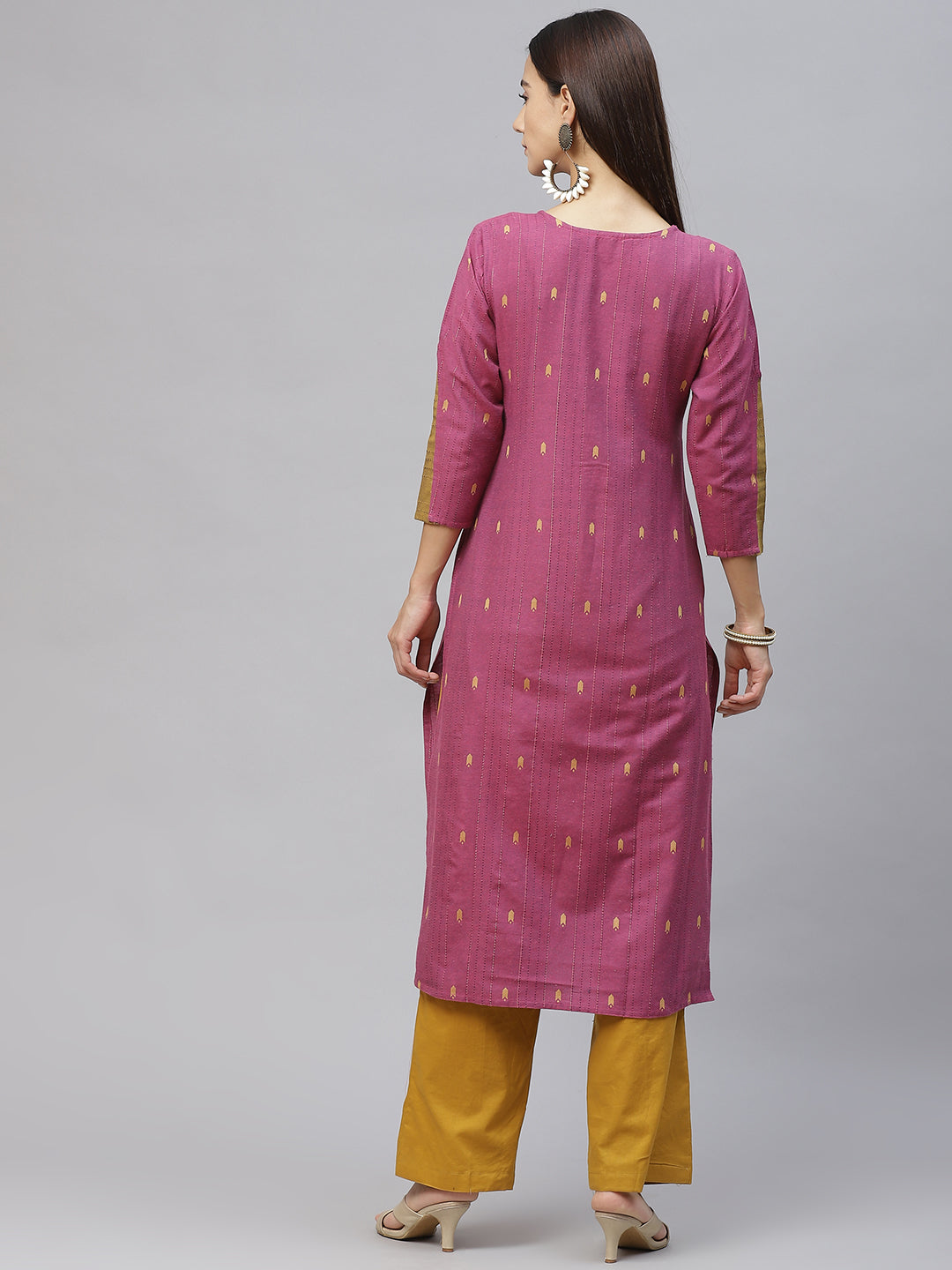 Pink & Golden Weaved Handloom Cotton Kurta with Thread Work