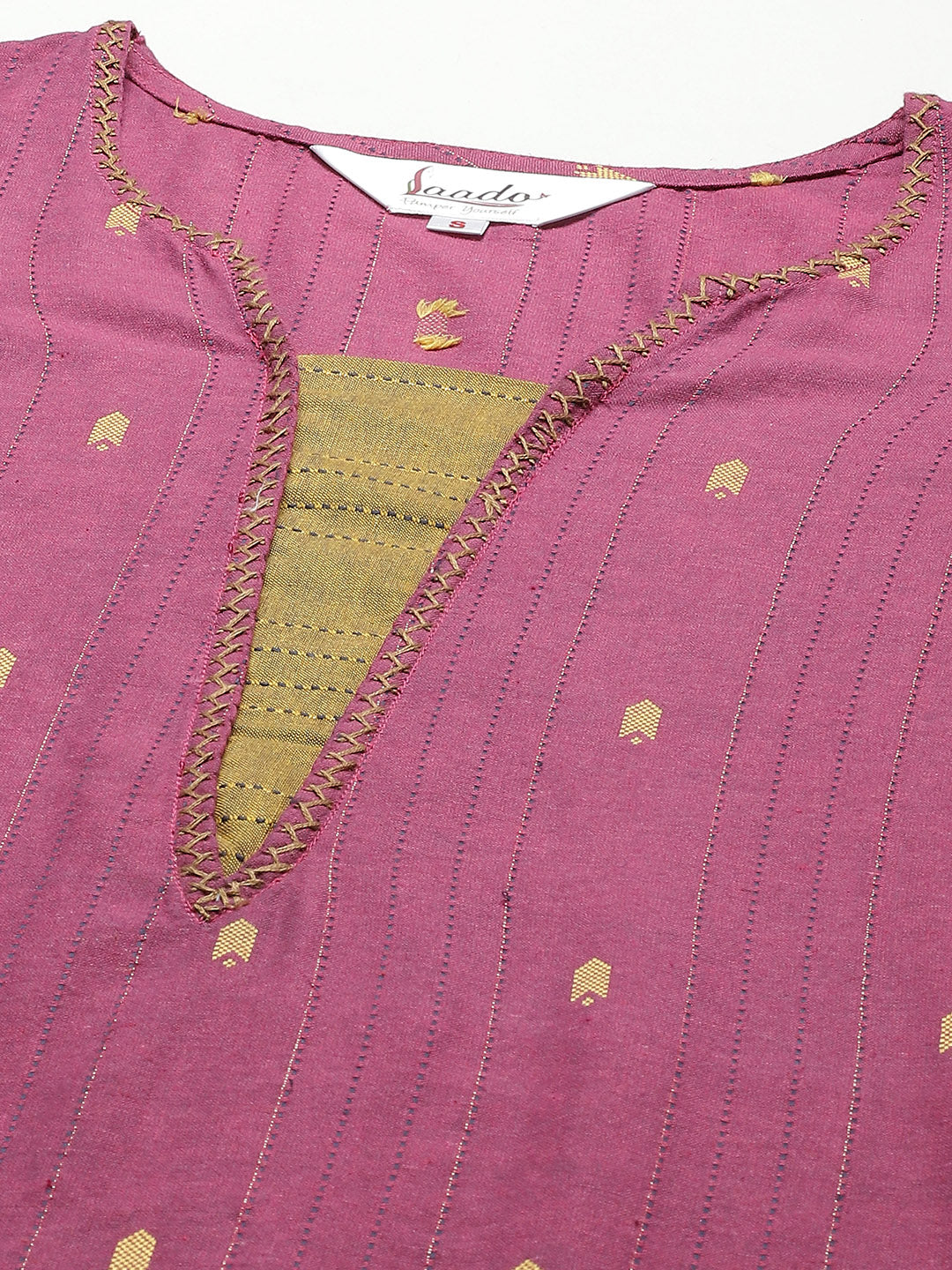 Pink & Golden Weaved Handloom Cotton Kurta with Thread Work