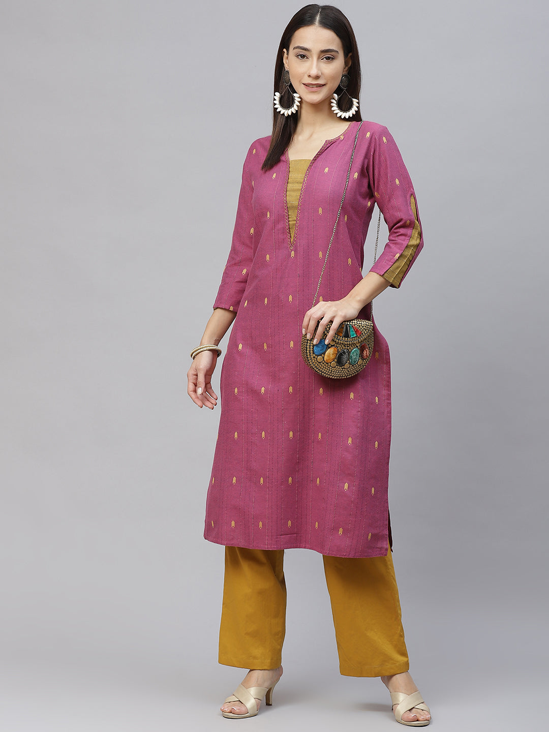 Pink & Golden Weaved Handloom Cotton Kurta with Thread Work