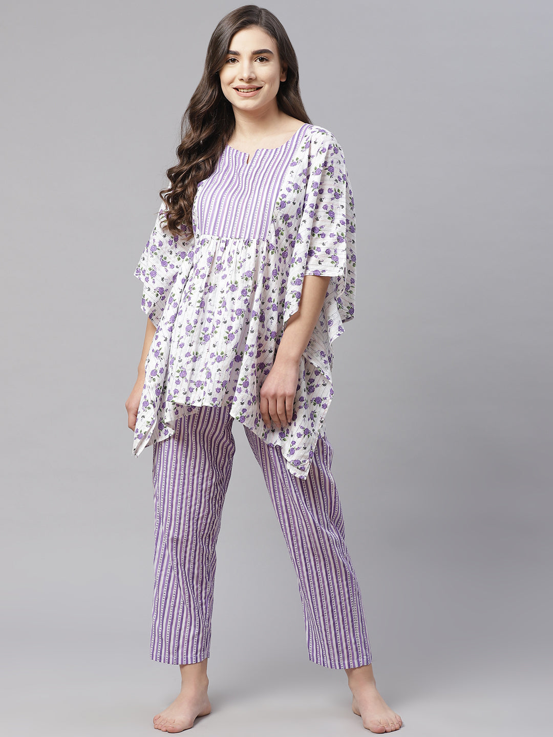 Women Purple & White Floral Printed Cotton Pyjama Set