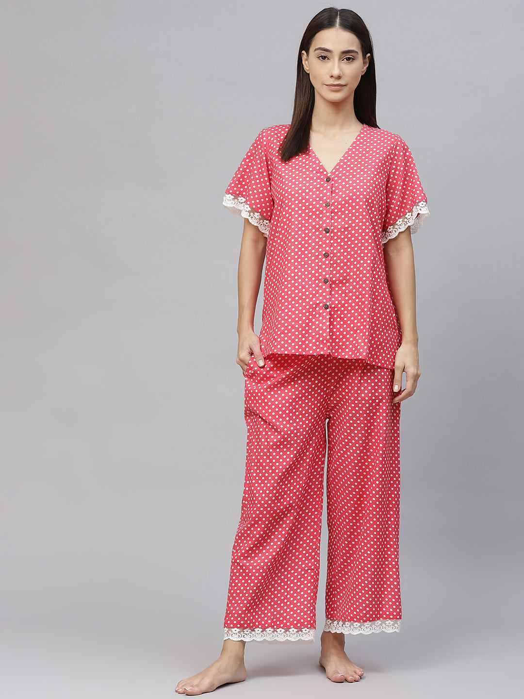 Women Red and White Printed Night suit