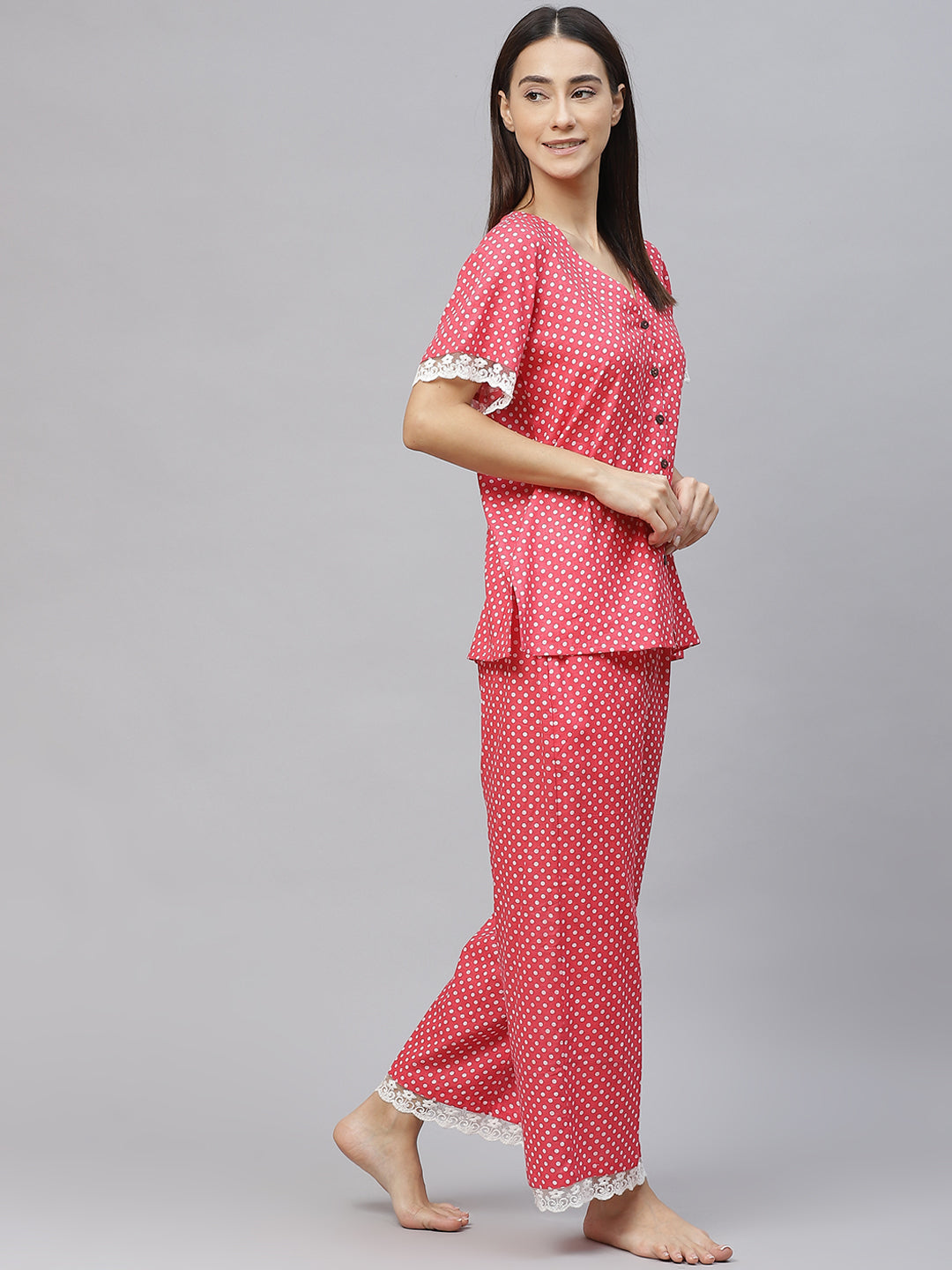 Women Red and White Printed Night suit