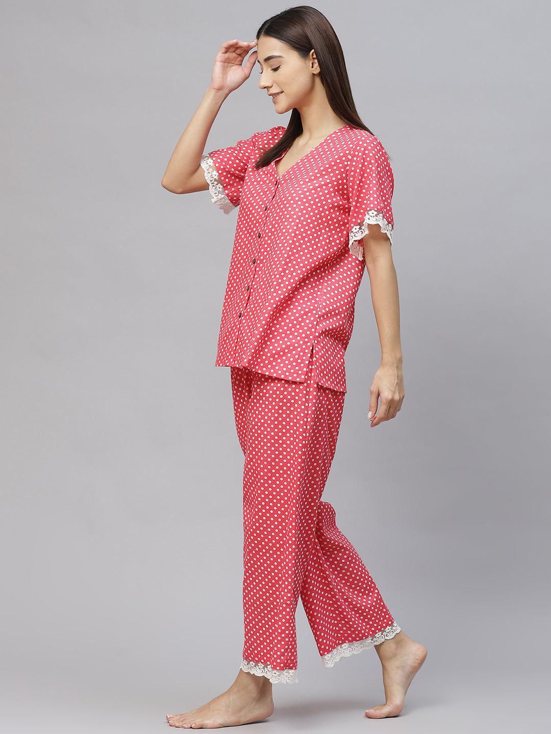 Women Red and White Printed Night suit