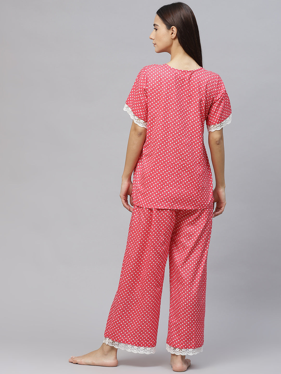 Women Red and White Printed Night suit