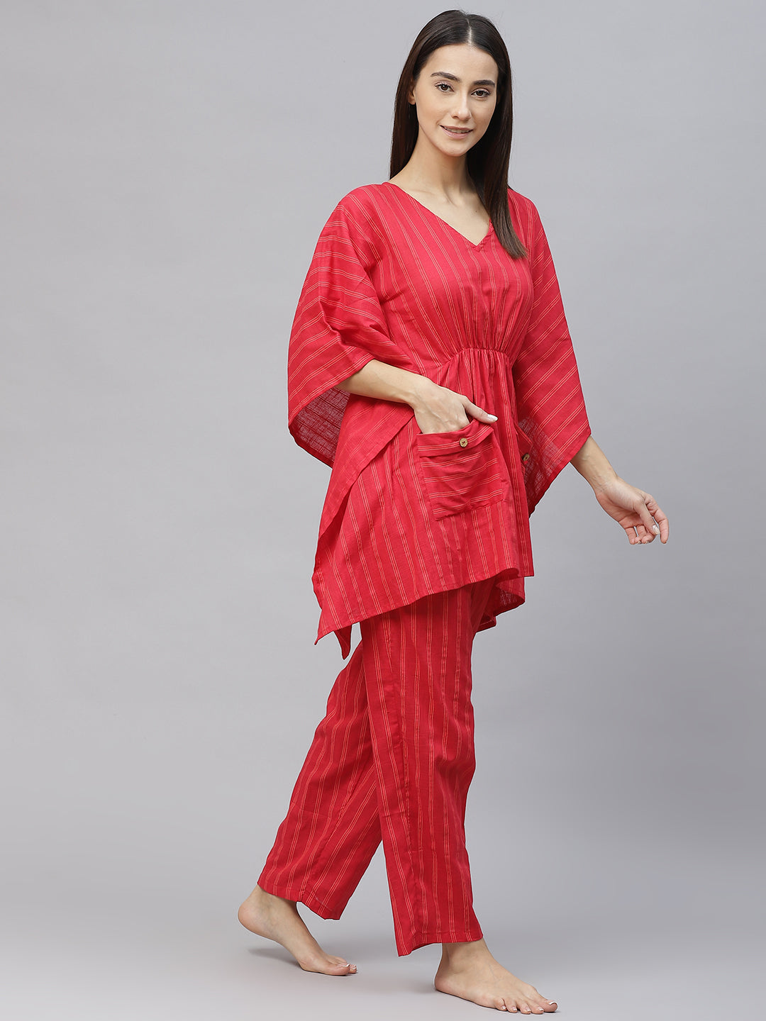 Women Red and Orange Striped Cotton Kaftan Pyjama Set