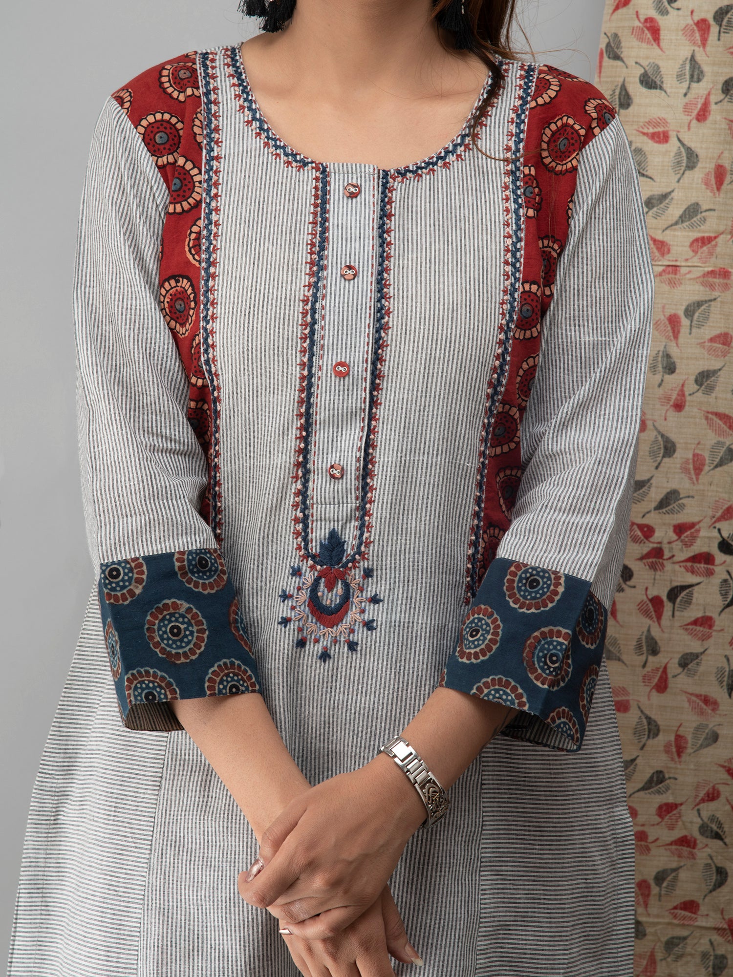 Hand Embroidered Grey Kurta With Ajrakh Pants