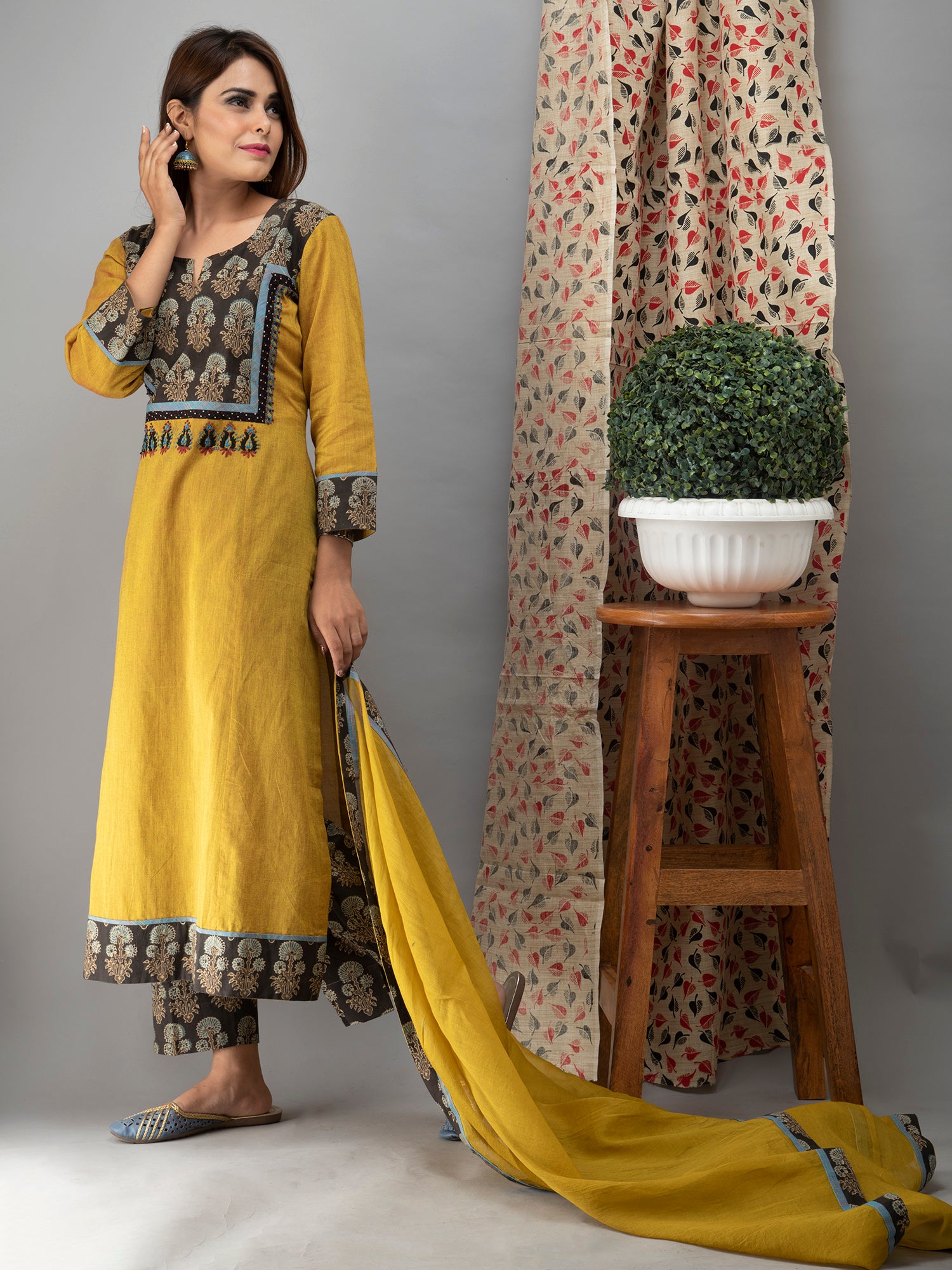 Hand Embroidered Corn Yellow Kurta with Ajrakh Pants and Cotton Dupatta
