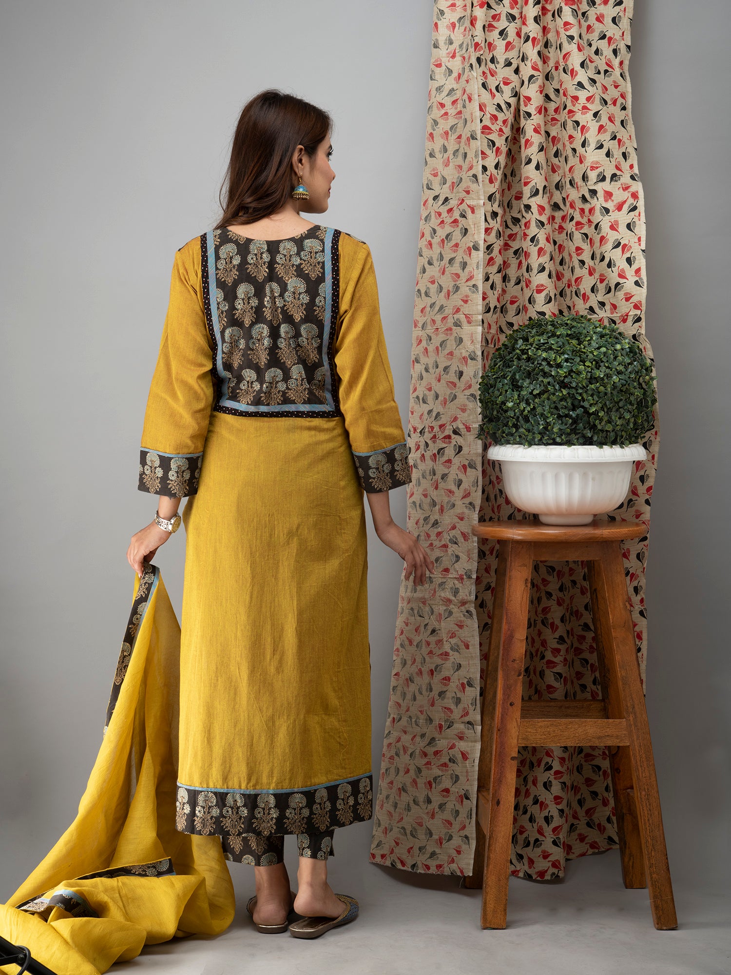 Hand Embroidered Corn Yellow Kurta with Ajrakh Pants and Cotton Dupatta