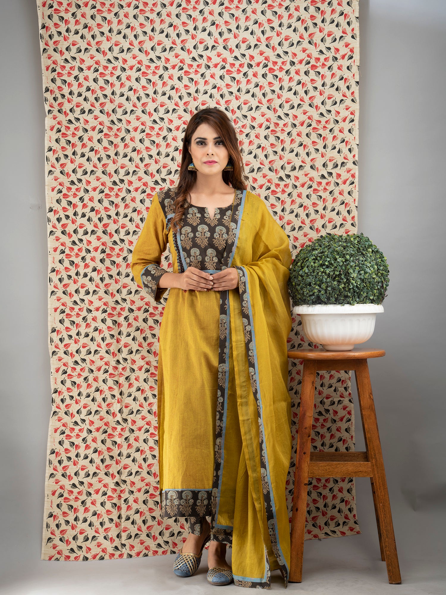 Hand Embroidered Corn Yellow Kurta with Ajrakh Pants and Cotton Dupatta