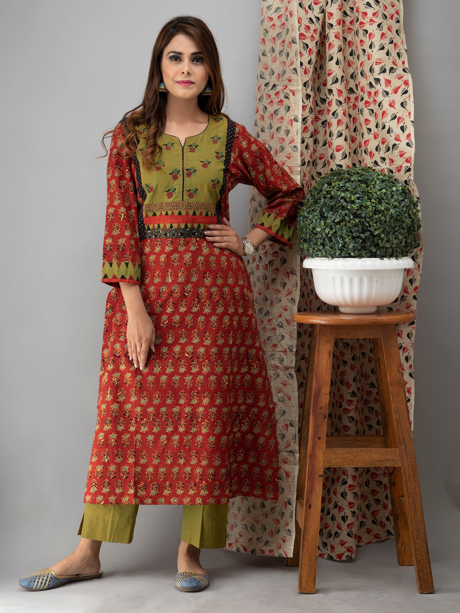 Hand Embroidered Candy Red Ajrakh Kurta Set - Set of 3