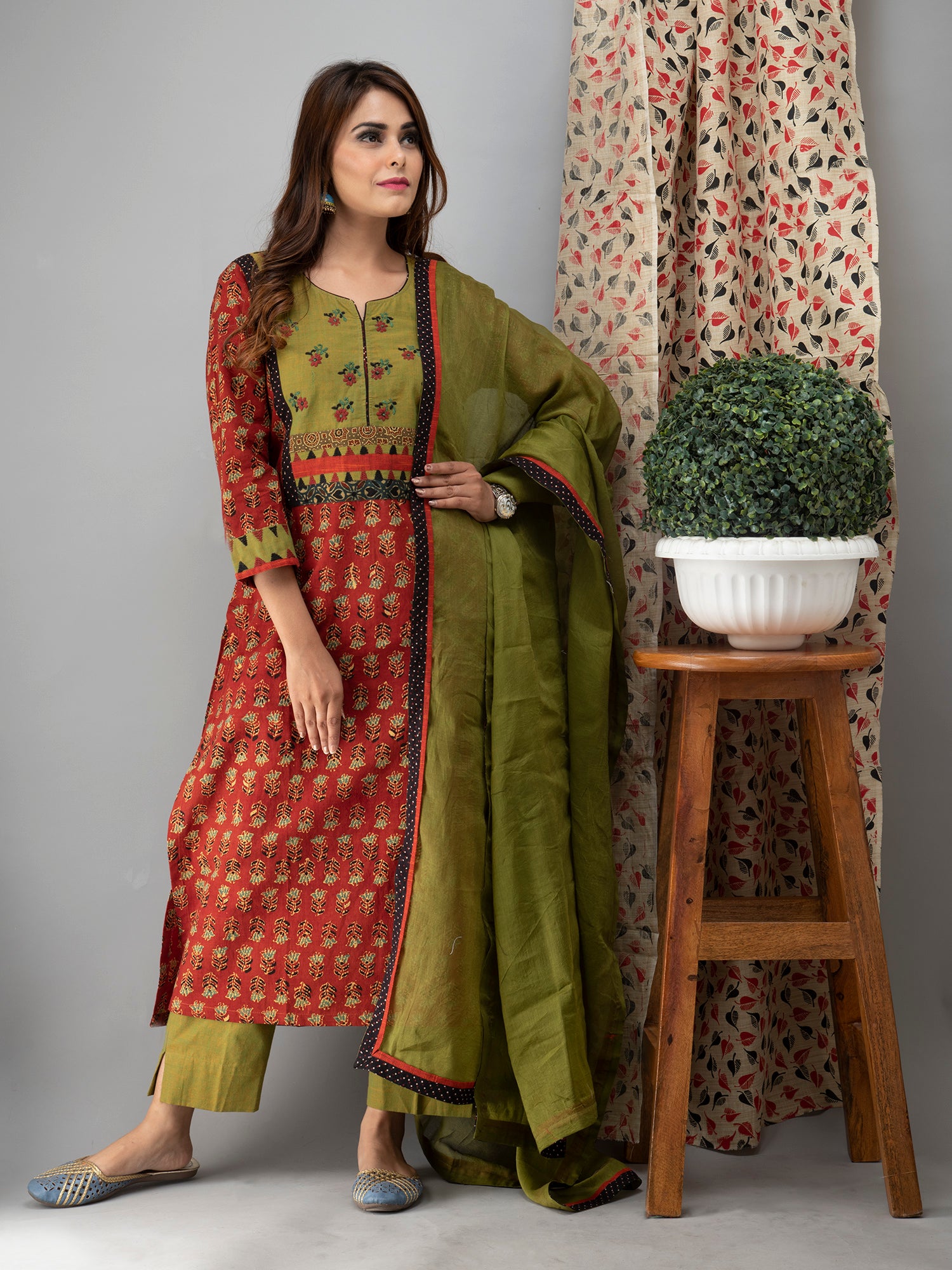 Hand Embroidered Candy Red Ajrakh Kurta Set - Set of 3