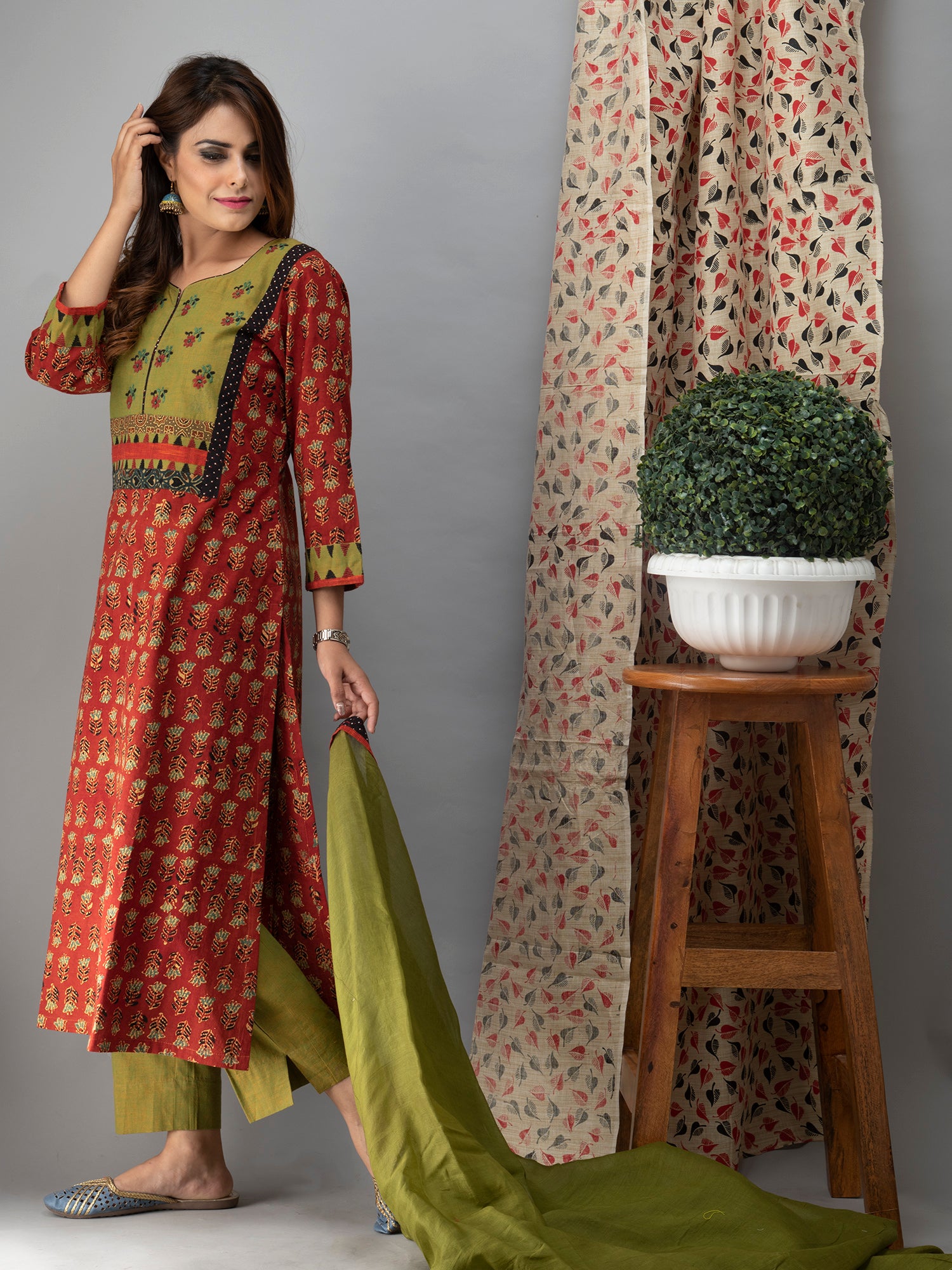Hand Embroidered Candy Red Ajrakh Kurta Set - Set of 3