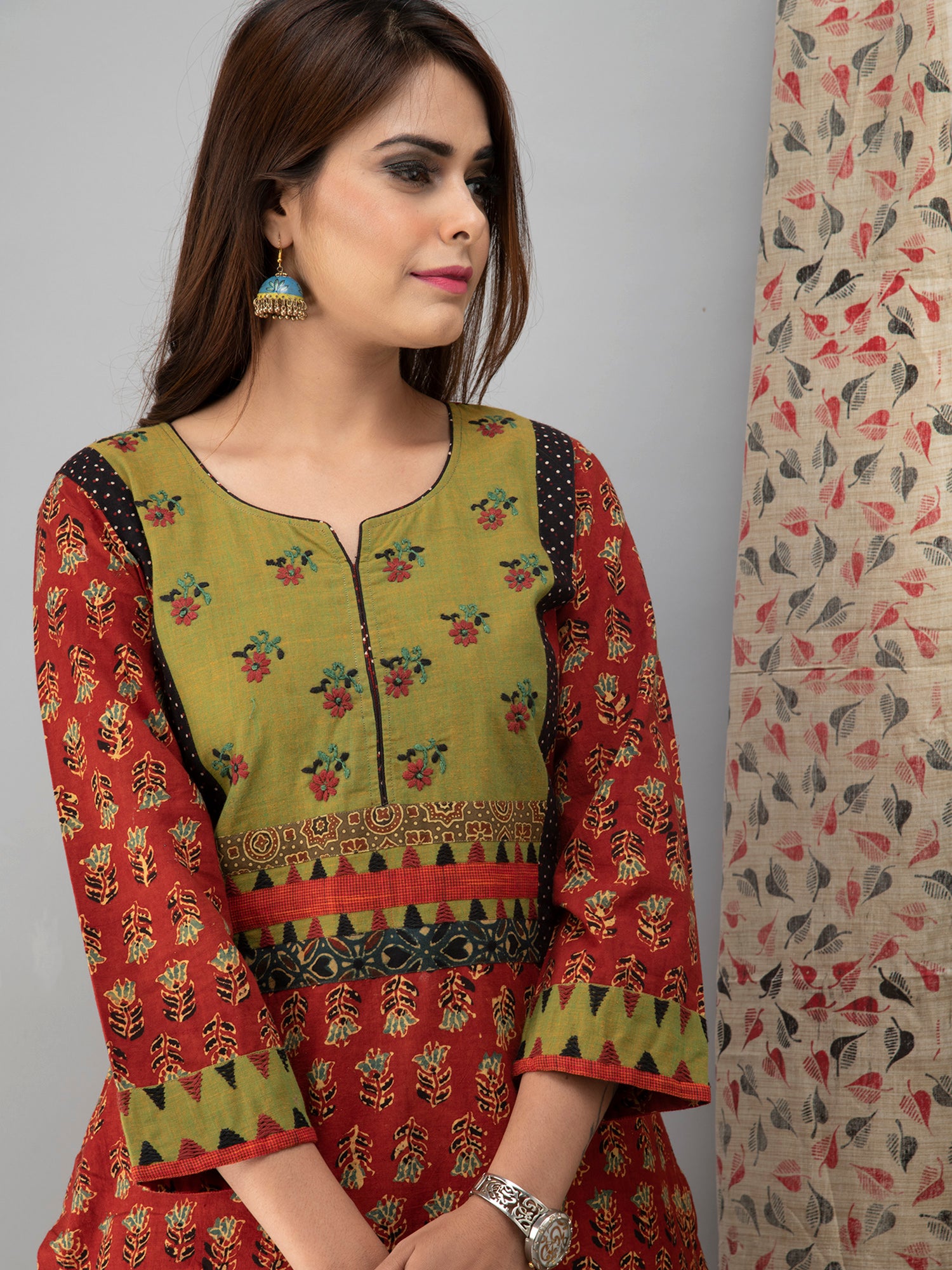 Hand Embroidered Candy Red Ajrakh Kurta Set - Set of 3