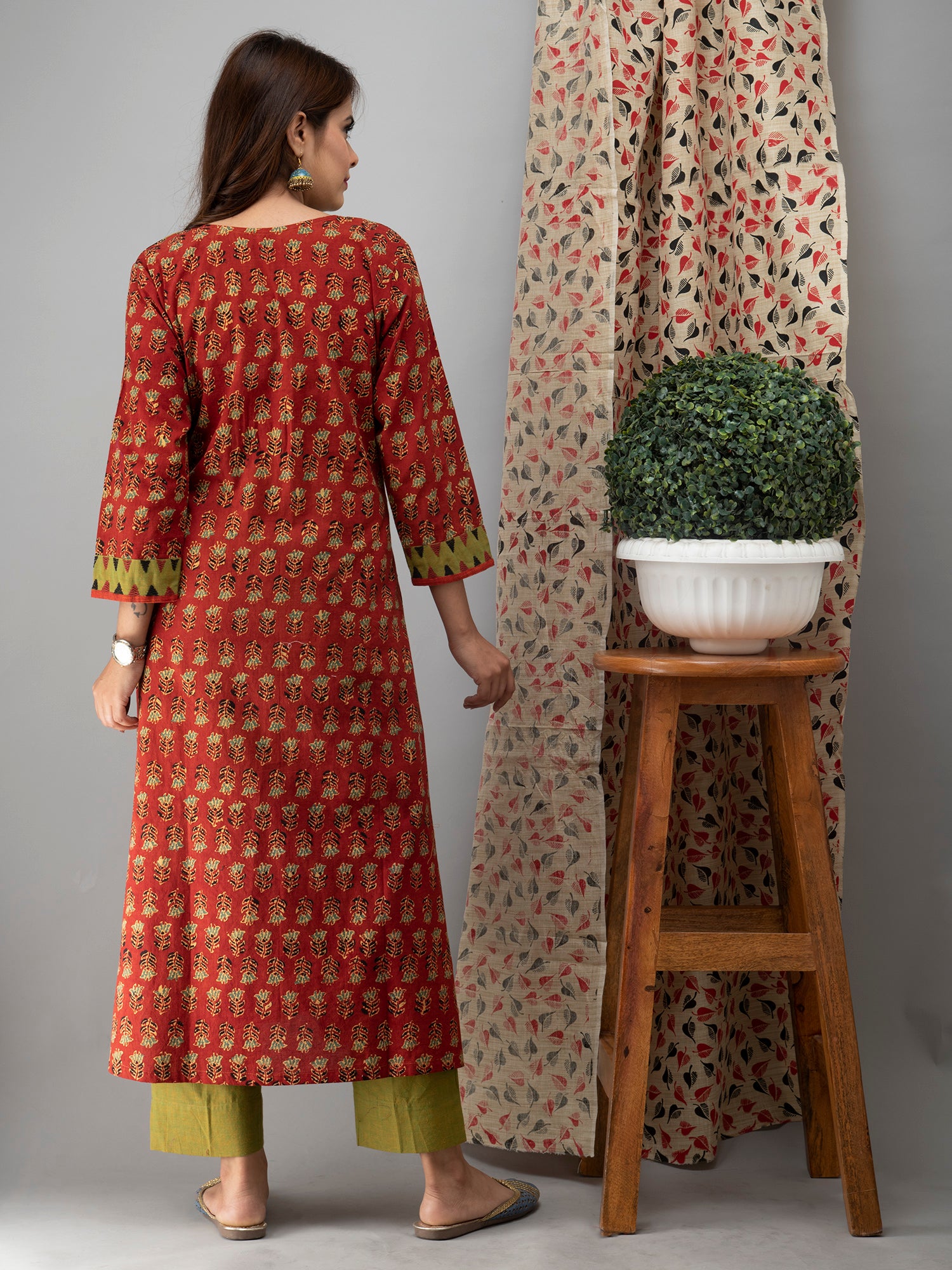 Hand Embroidered Candy Red Ajrakh Kurta Set - Set of 3
