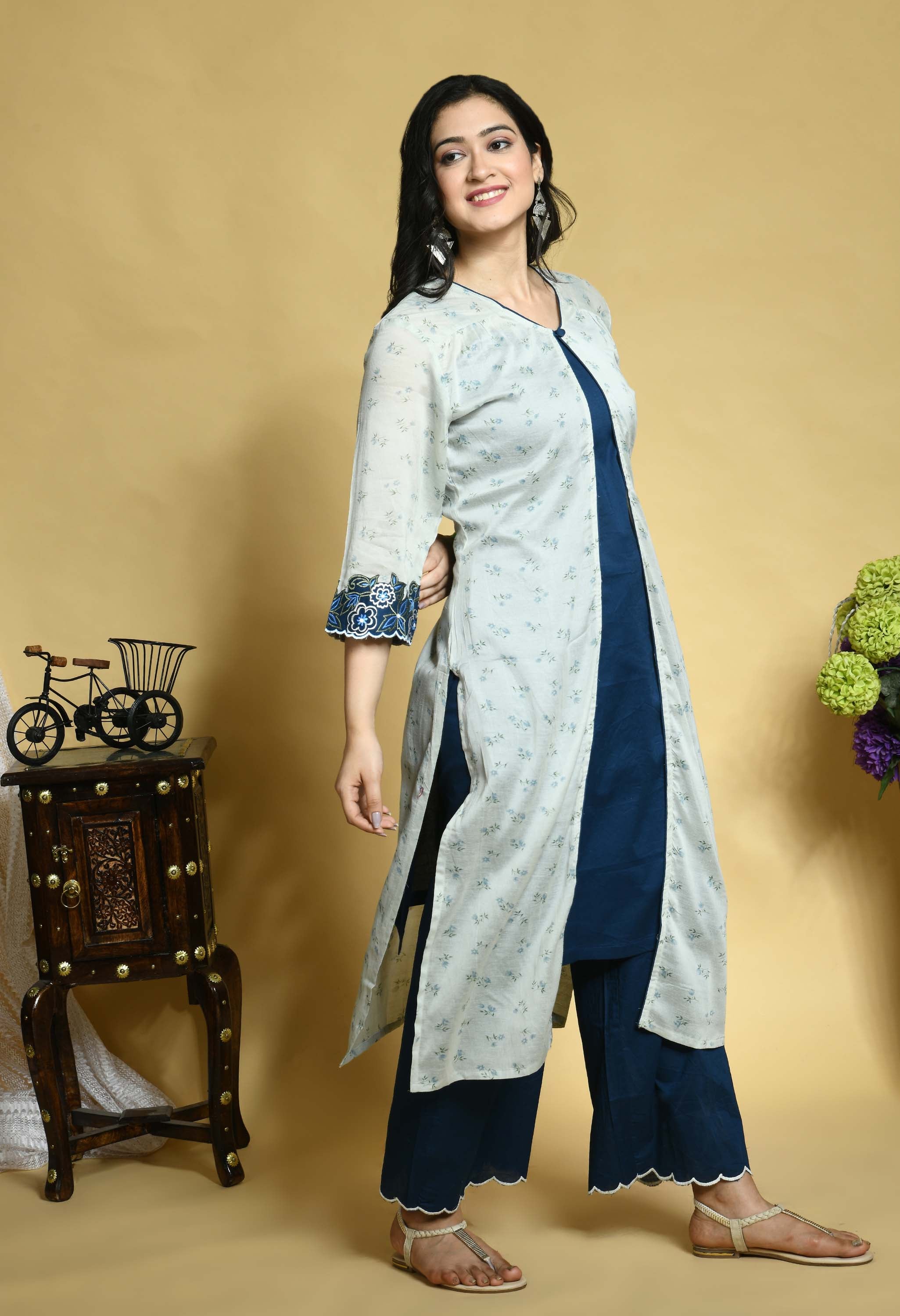 Teal Blue Kurta-Palazzo Set with an Overlay