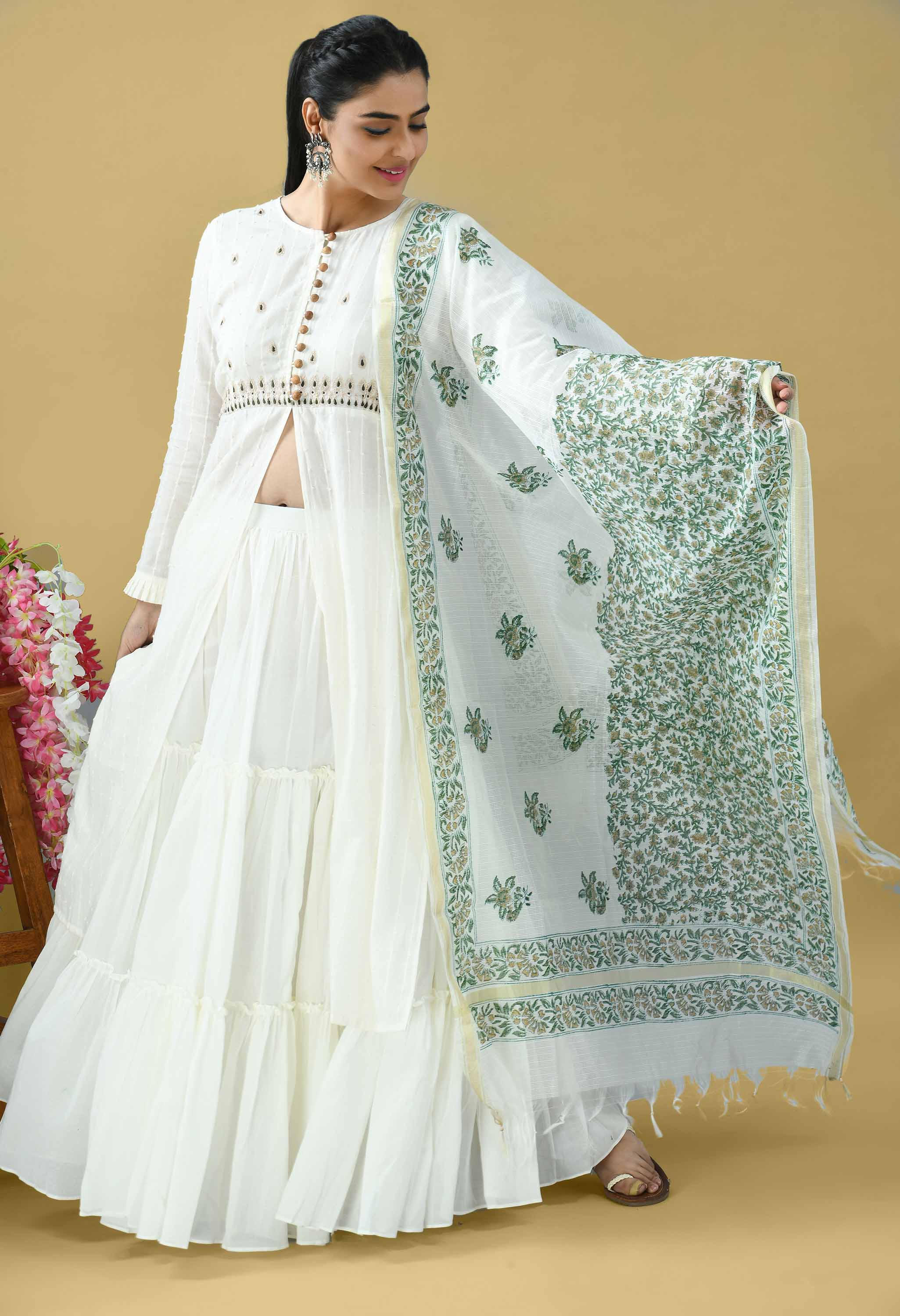 Pure cotton embroidered kurta with skirt set of 3