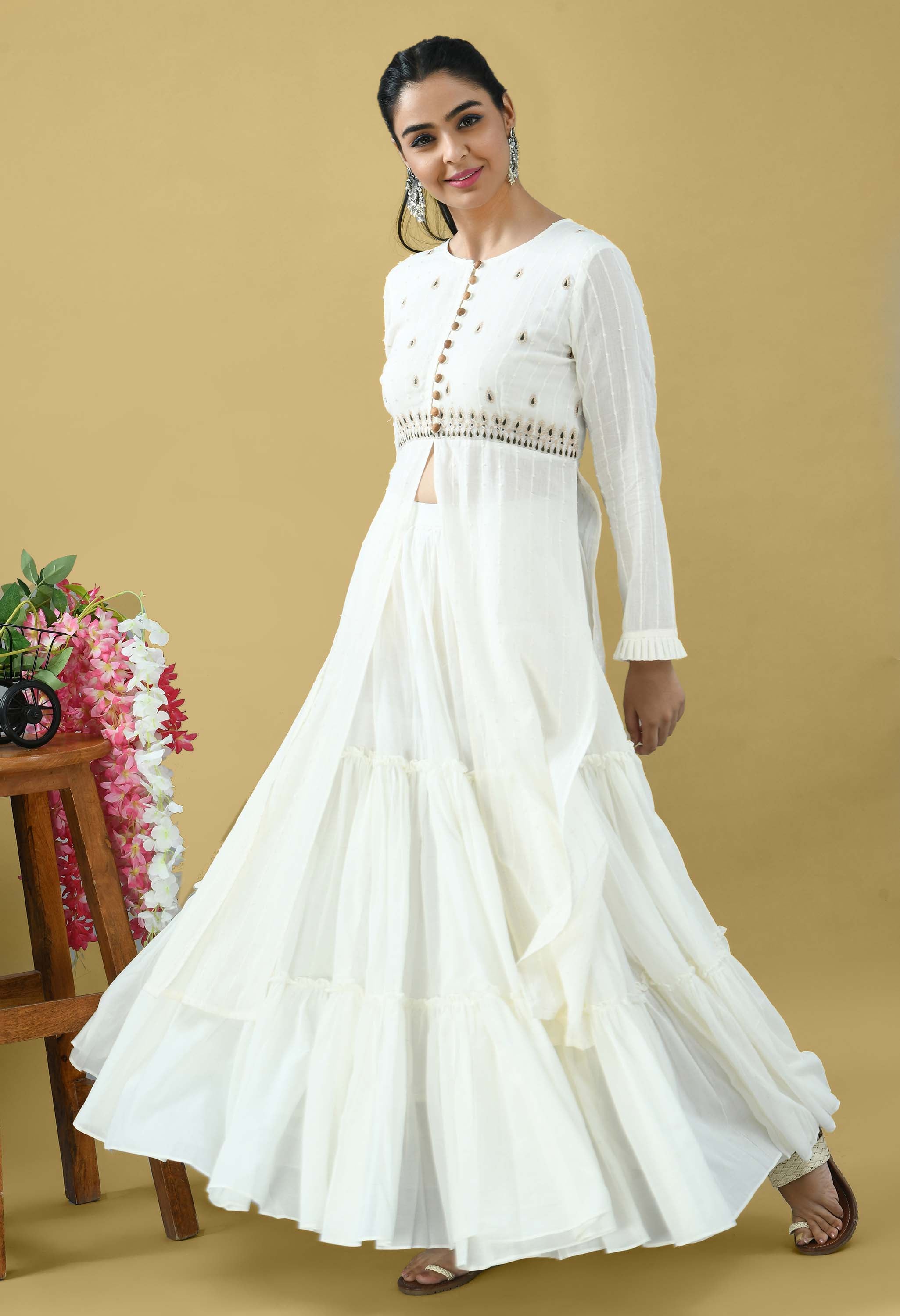 Pure cotton embroidered kurta with skirt set of 3