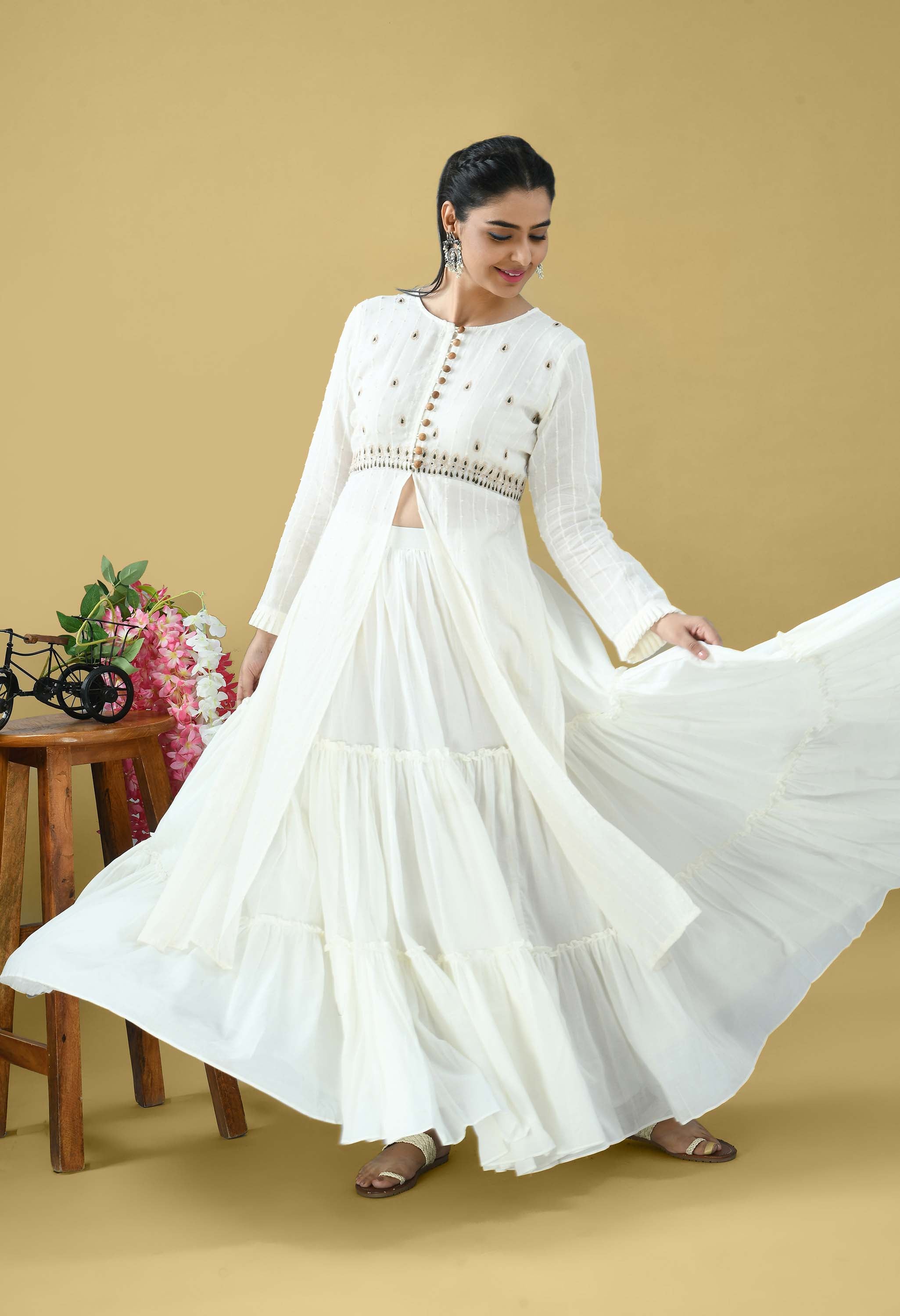Pure cotton embroidered kurta with skirt set of 3