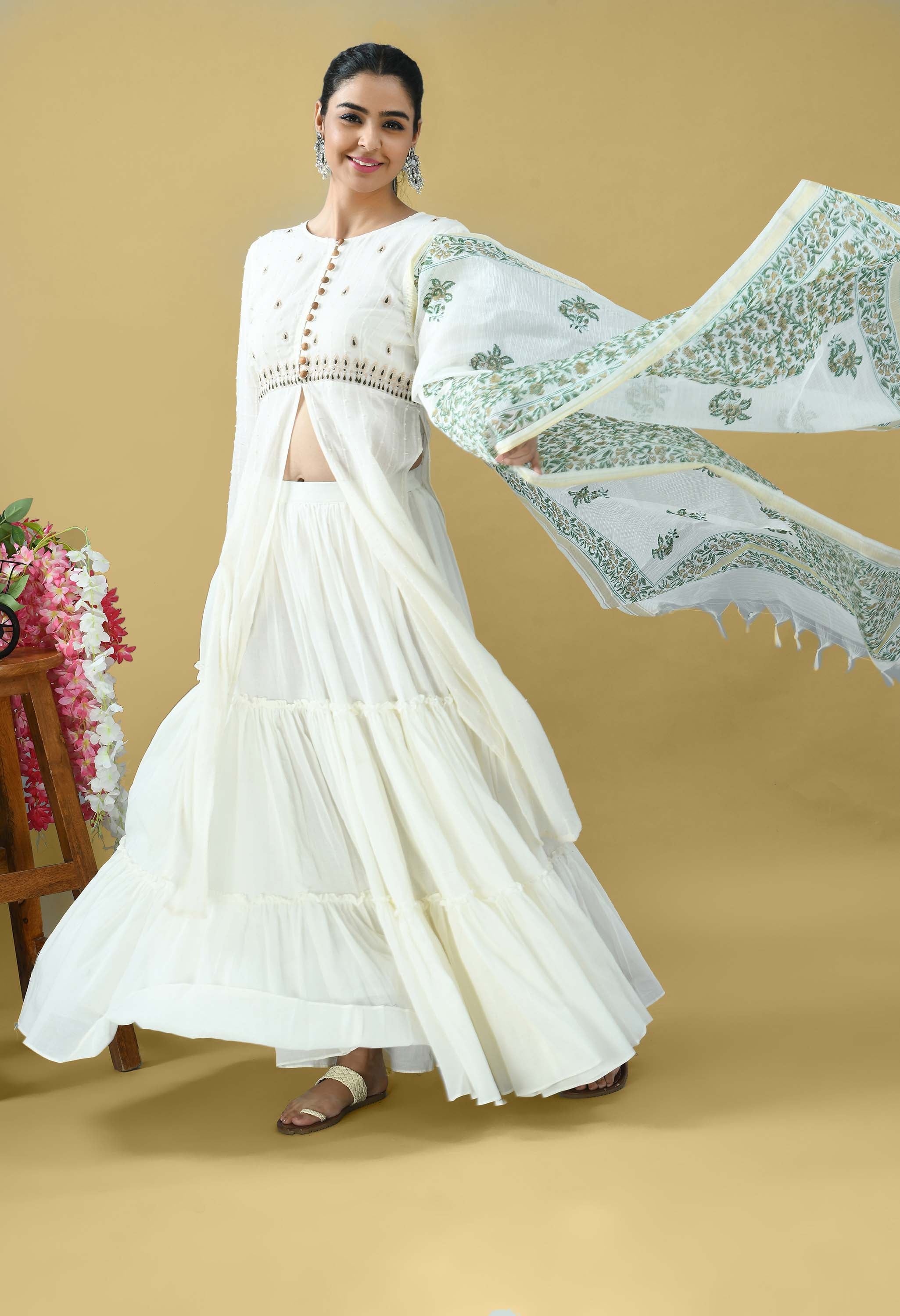 Pure cotton embroidered kurta with skirt set of 3