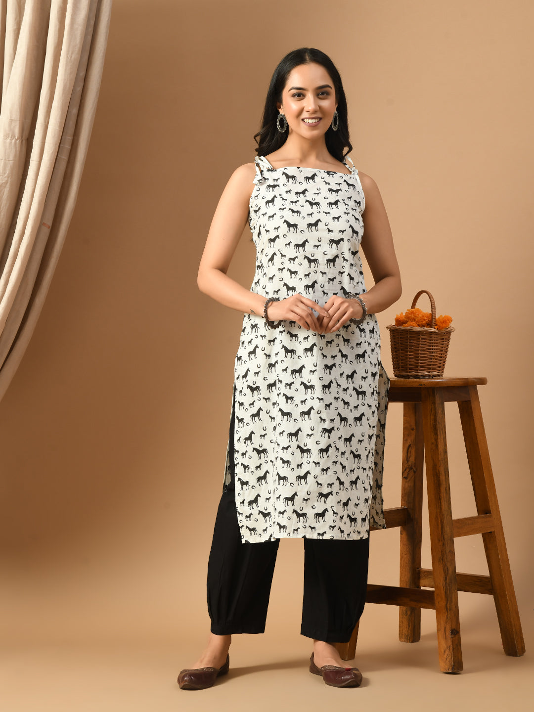 Pure Cotton Horse print  kurta with straps