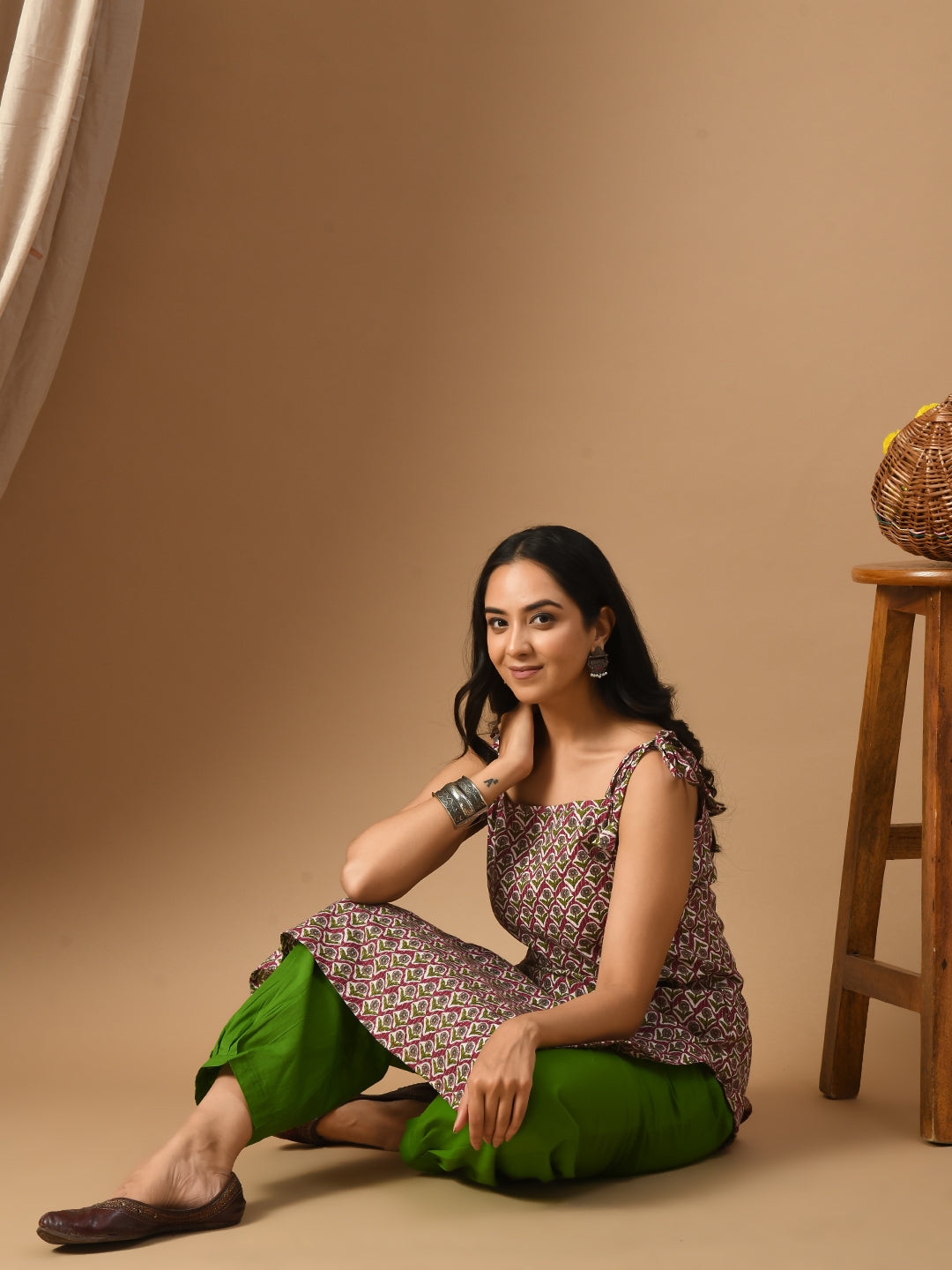 Pure Cotton Wine kantha green booti straps kurta set