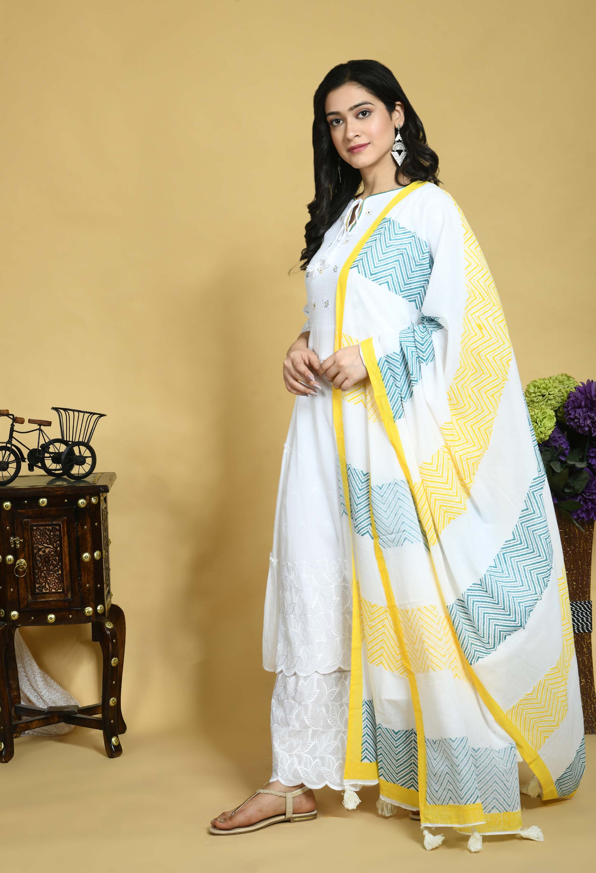 White-Coloured yoke Embroidered Teal Blue & Yellow side frills Kurta with Palazzo and dupatta