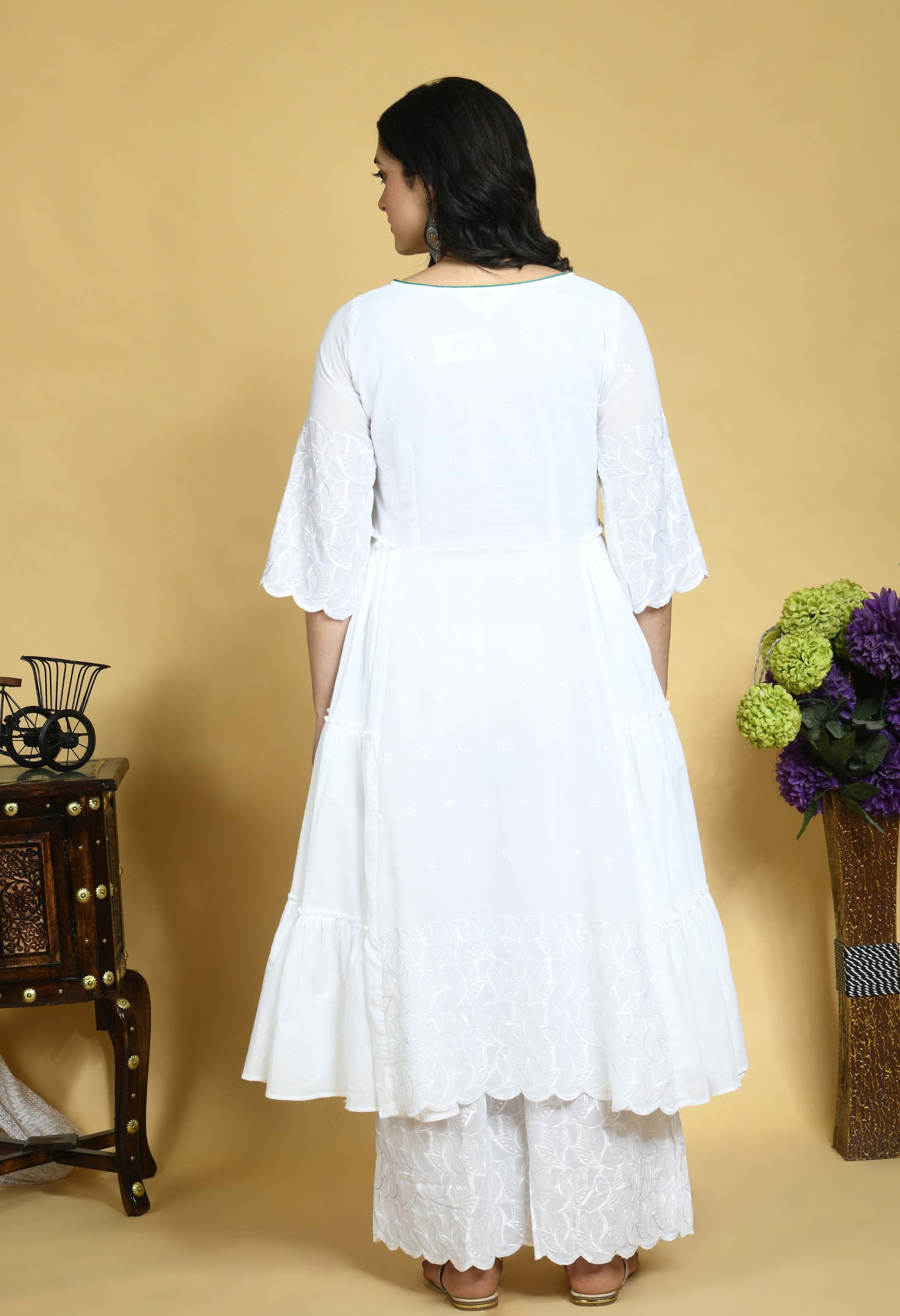 White-Coloured yoke Embroidered Teal Blue & Yellow side frills Kurta with Palazzo and dupatta