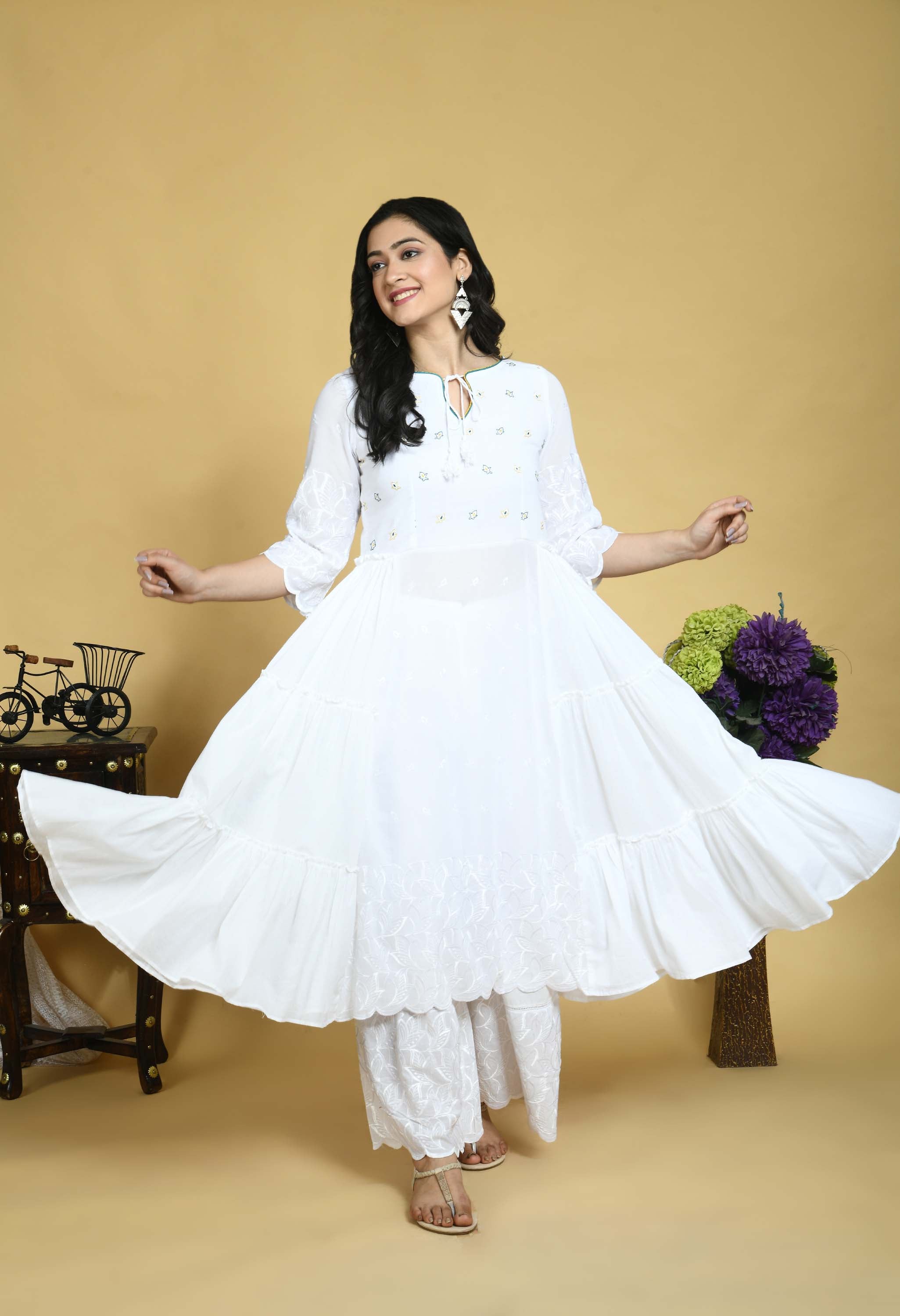 White-Coloured yoke Embroidered Teal Blue & Yellow side frills Kurta with Palazzo and dupatta
